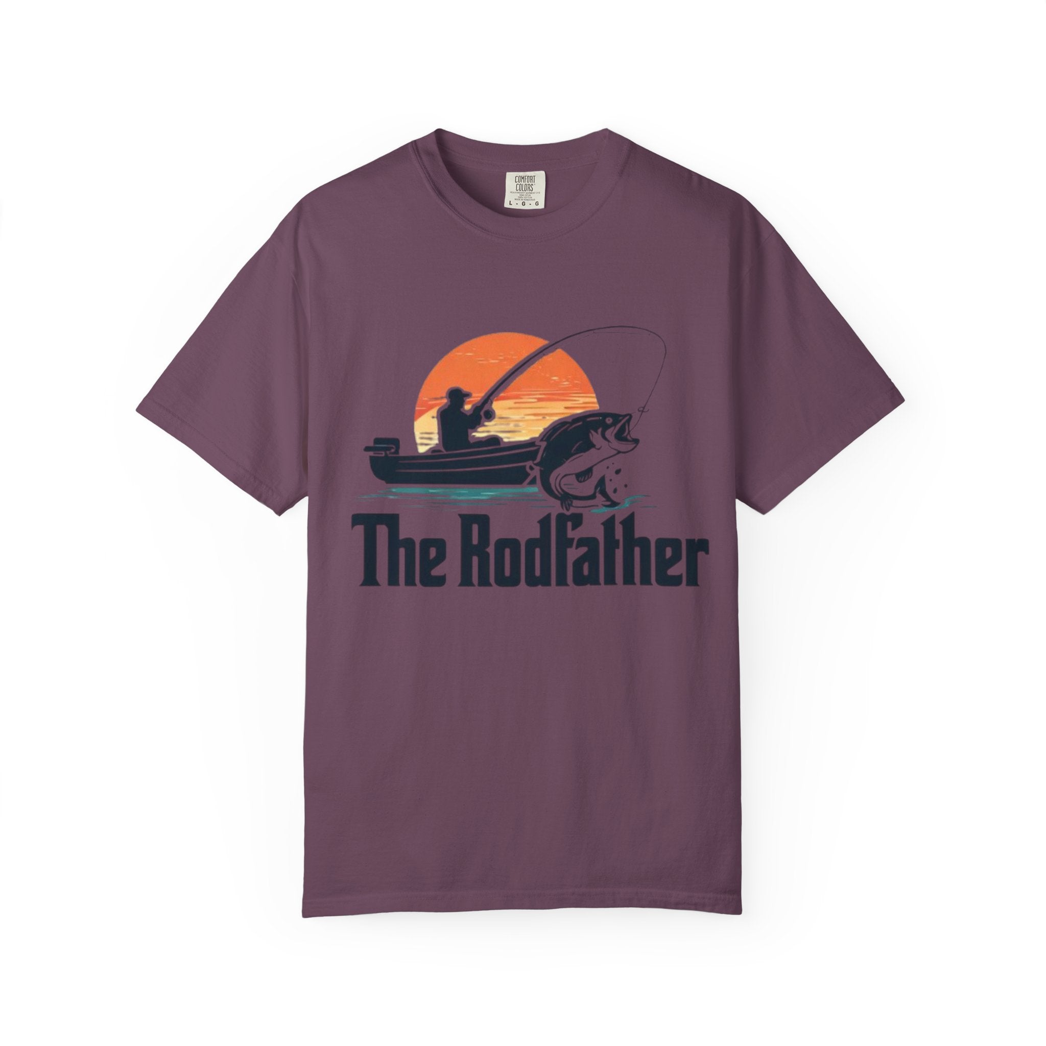 The Rodfather fishing silhouette T-Shirt | Bass boat sunset design