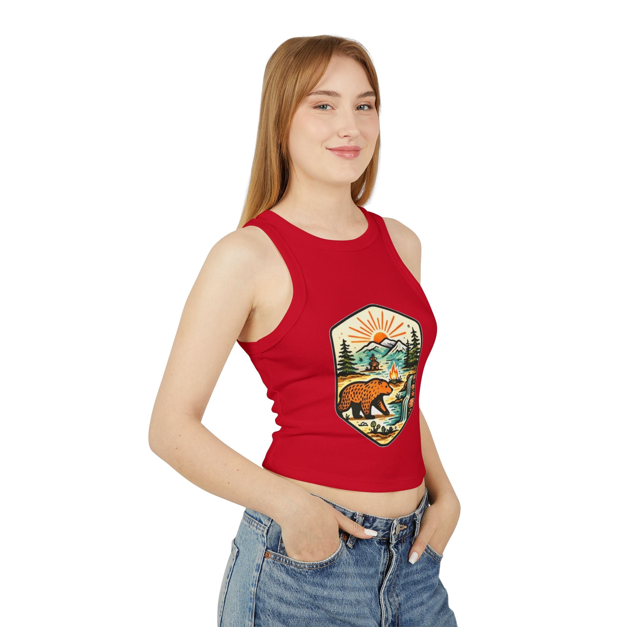 Womens Racer Tank Top | Retro Bear Mountain Camp Graphic