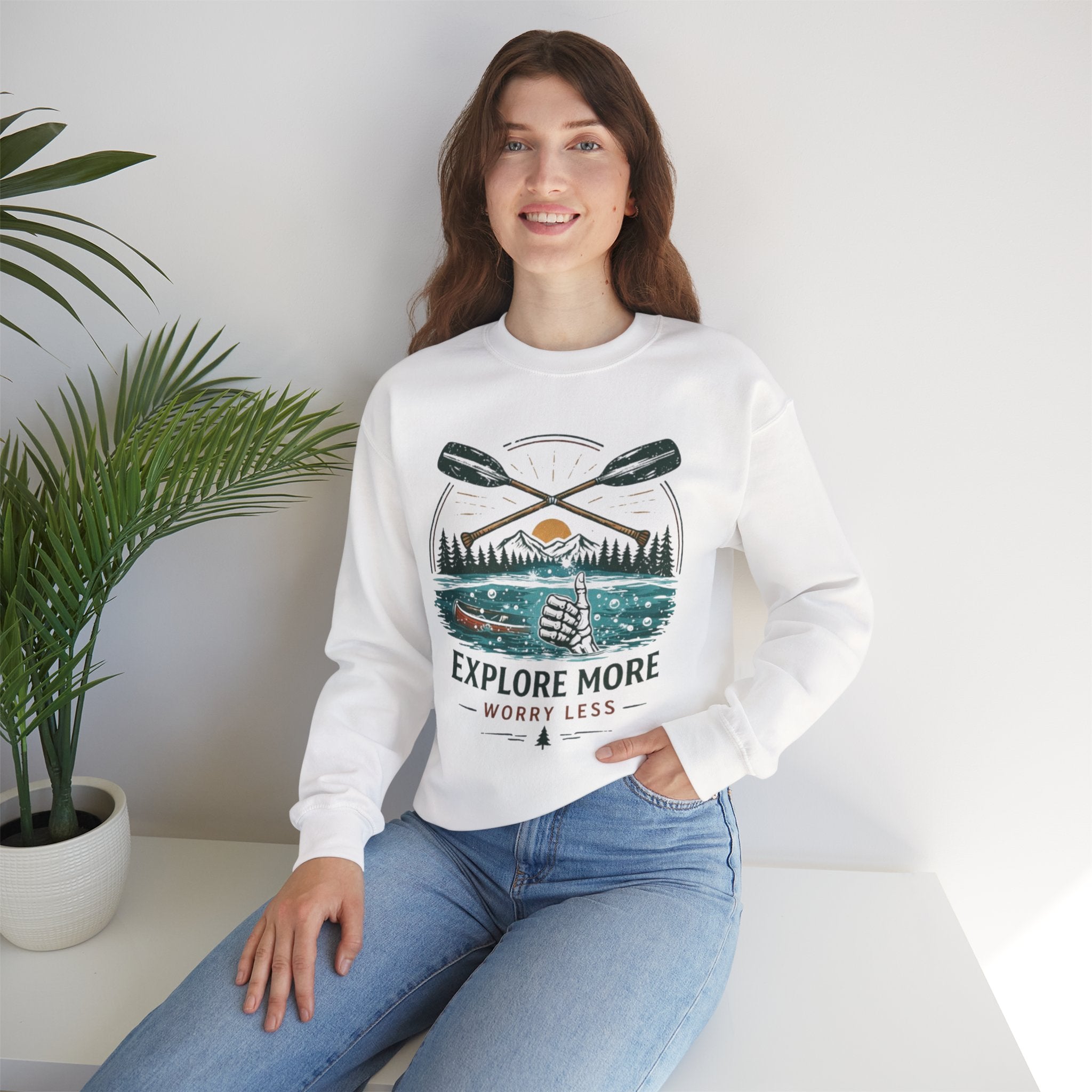 Crewneck Sweatshirt | "Explore More Worry Less" Outdoor Adventure Graphic