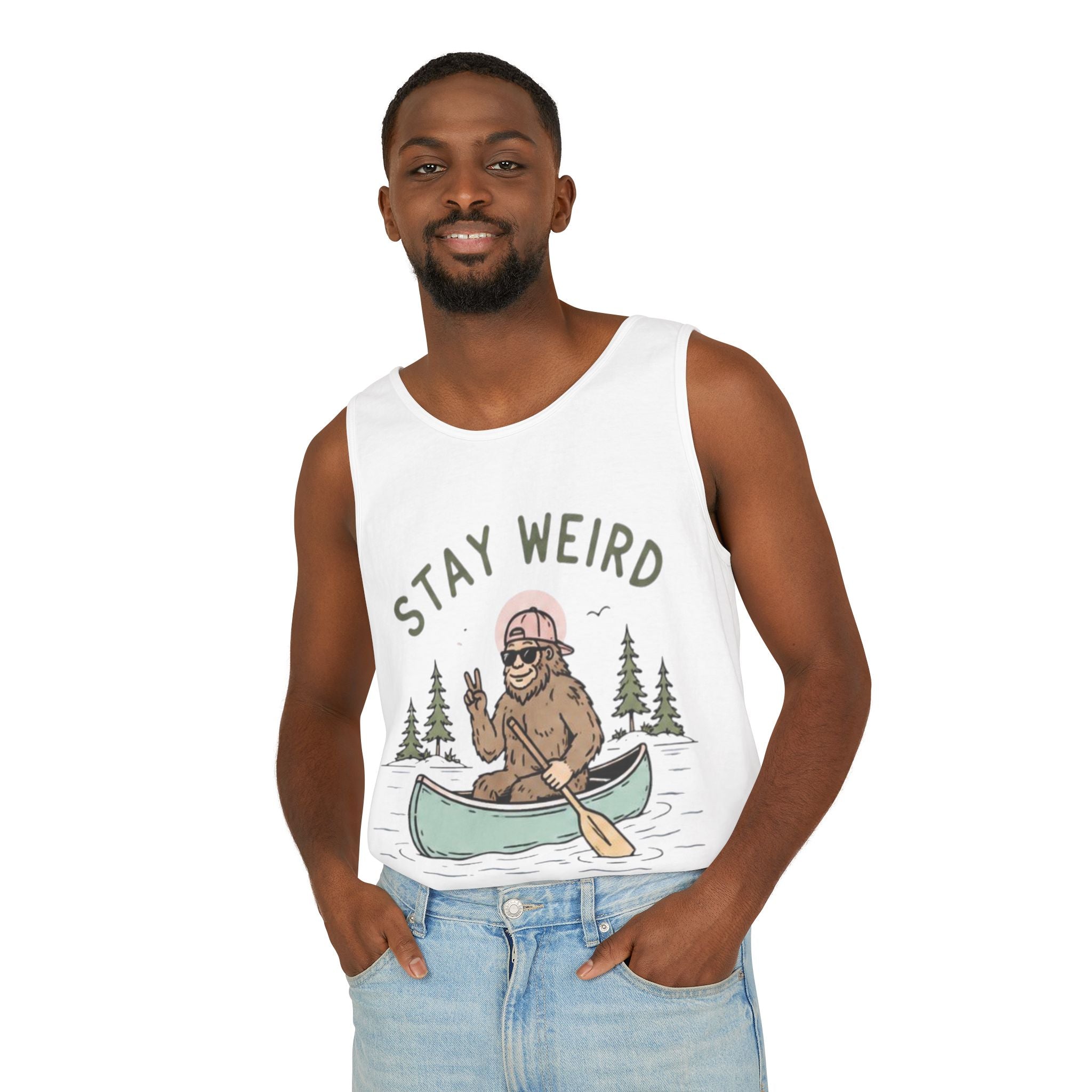 Stay Weird Bigfoot Tank Top | Funny Sasquatch Canoe Graphic Tank