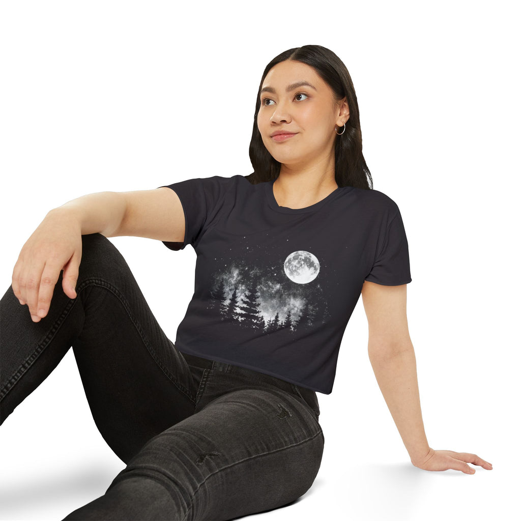 Moonlit Forest Crop Top | Women's Festival Moon & Pine Tree Graphic