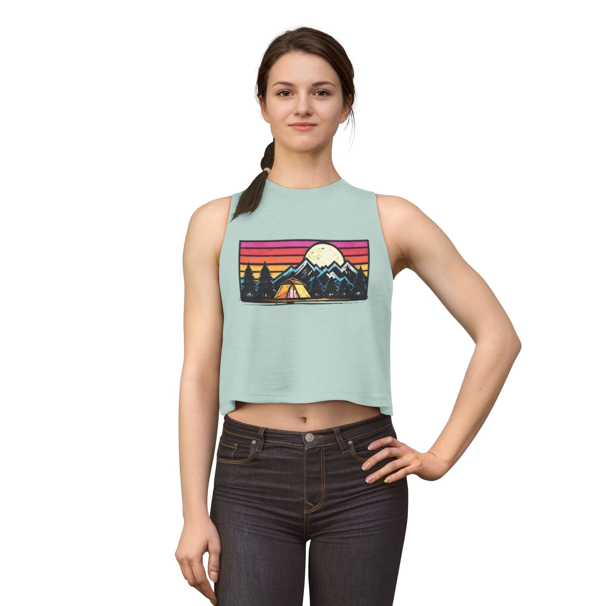 Camping Sunset Crop Top | Retro Mountain Tent Graphic