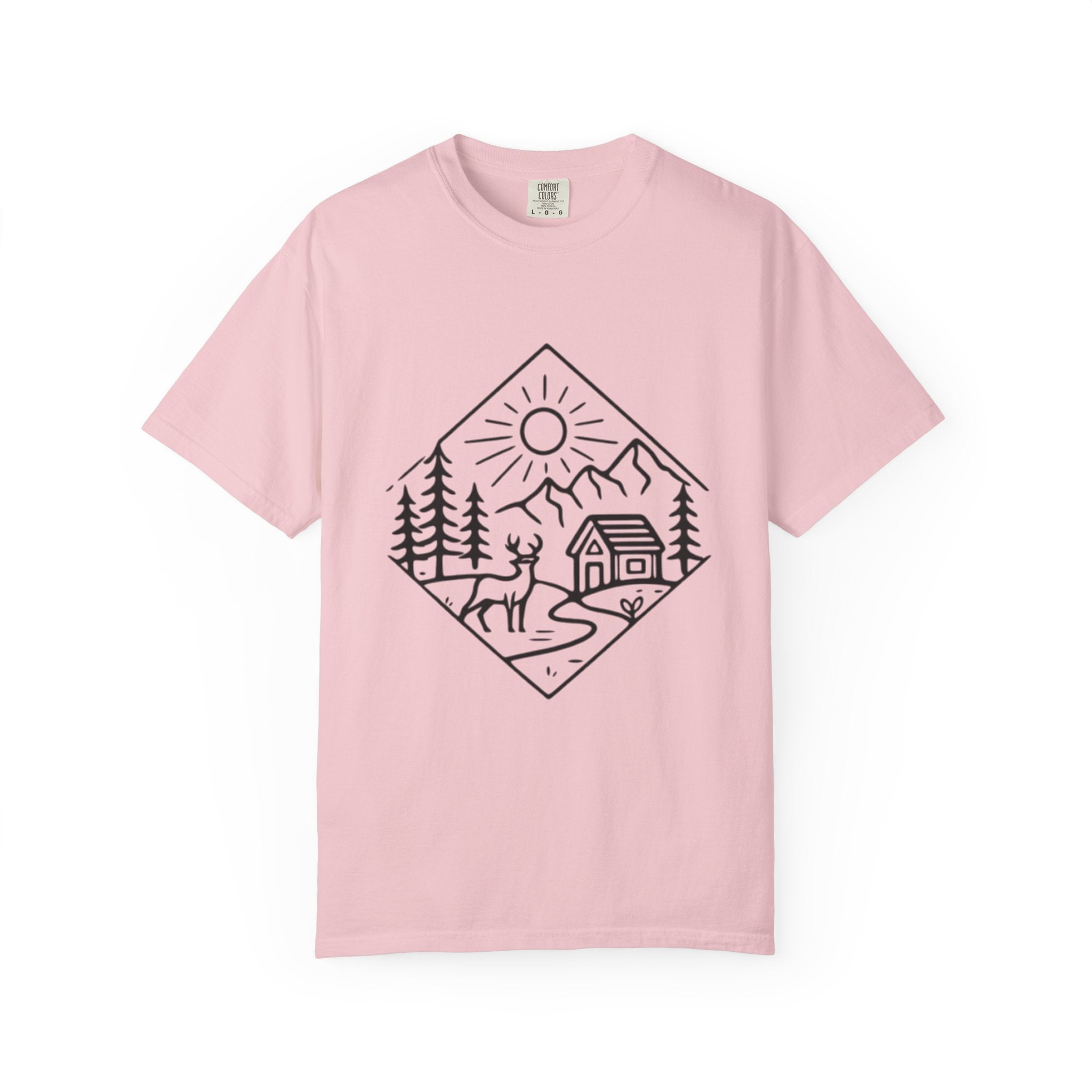 Cabin Adventure Graphic T-Shirt | Mountain, Deer & Forest Line Art