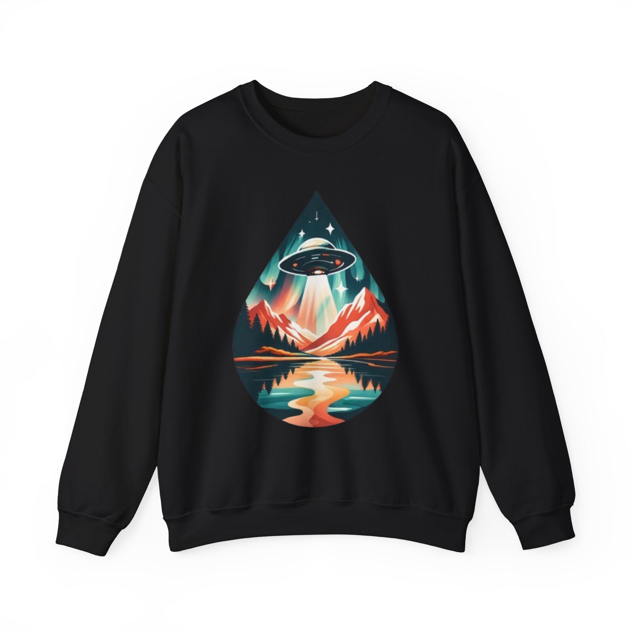 UFO Mountain Crewneck Sweatshirt | Retro Alien Landscape Graphic