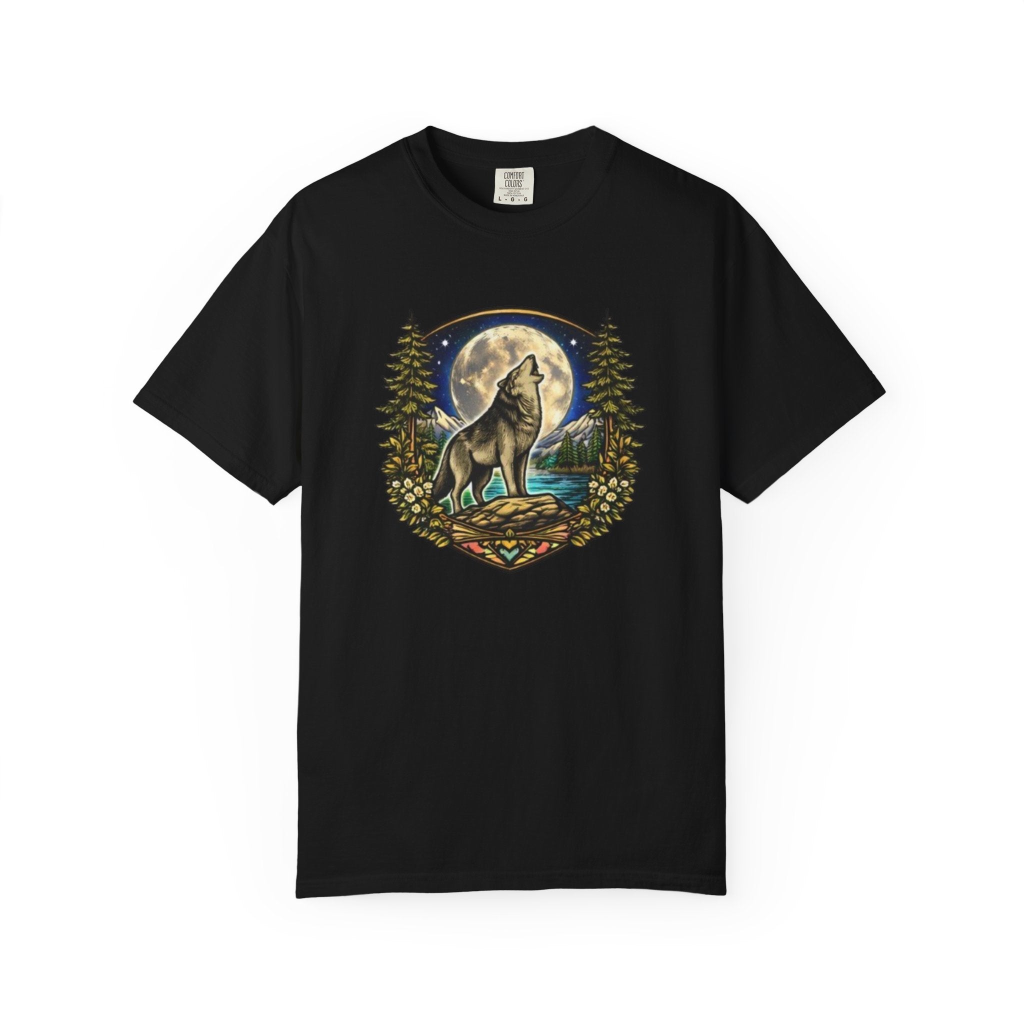 Wolf Howling at Full Moon T-Shirt | Forest Tree Border Graphic
