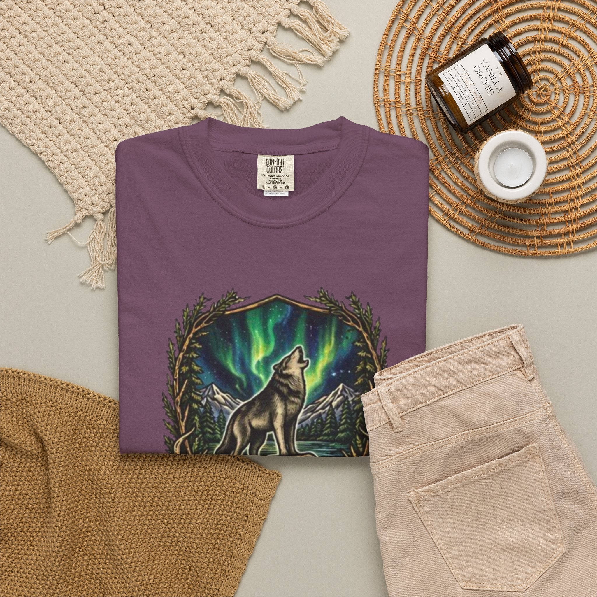 Deer Skull and Wolf Howling T-Shirt | Northern Lights Nature Graphic Tee