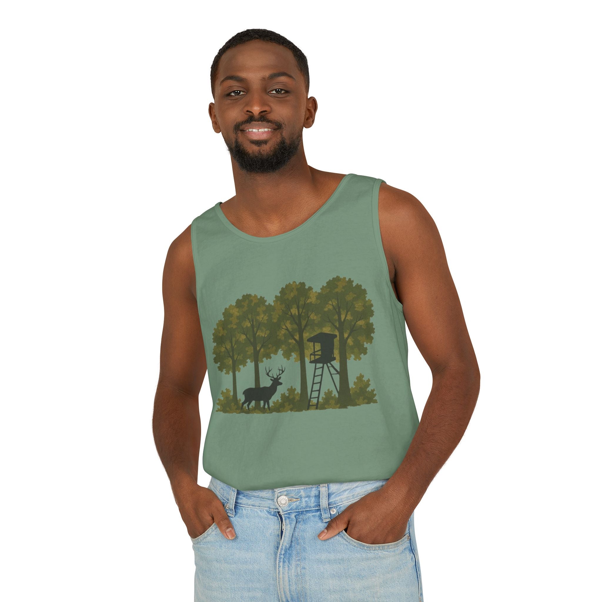 Deer Stand Woodland Tank Top | Hunting Cabin Forest Silhouette