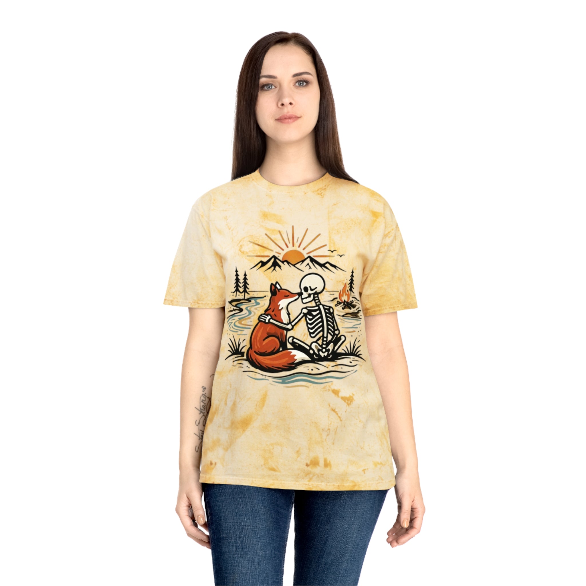 Fox & Skeleton Sunset T-Shirt | Vintage Nature Graphic Tee