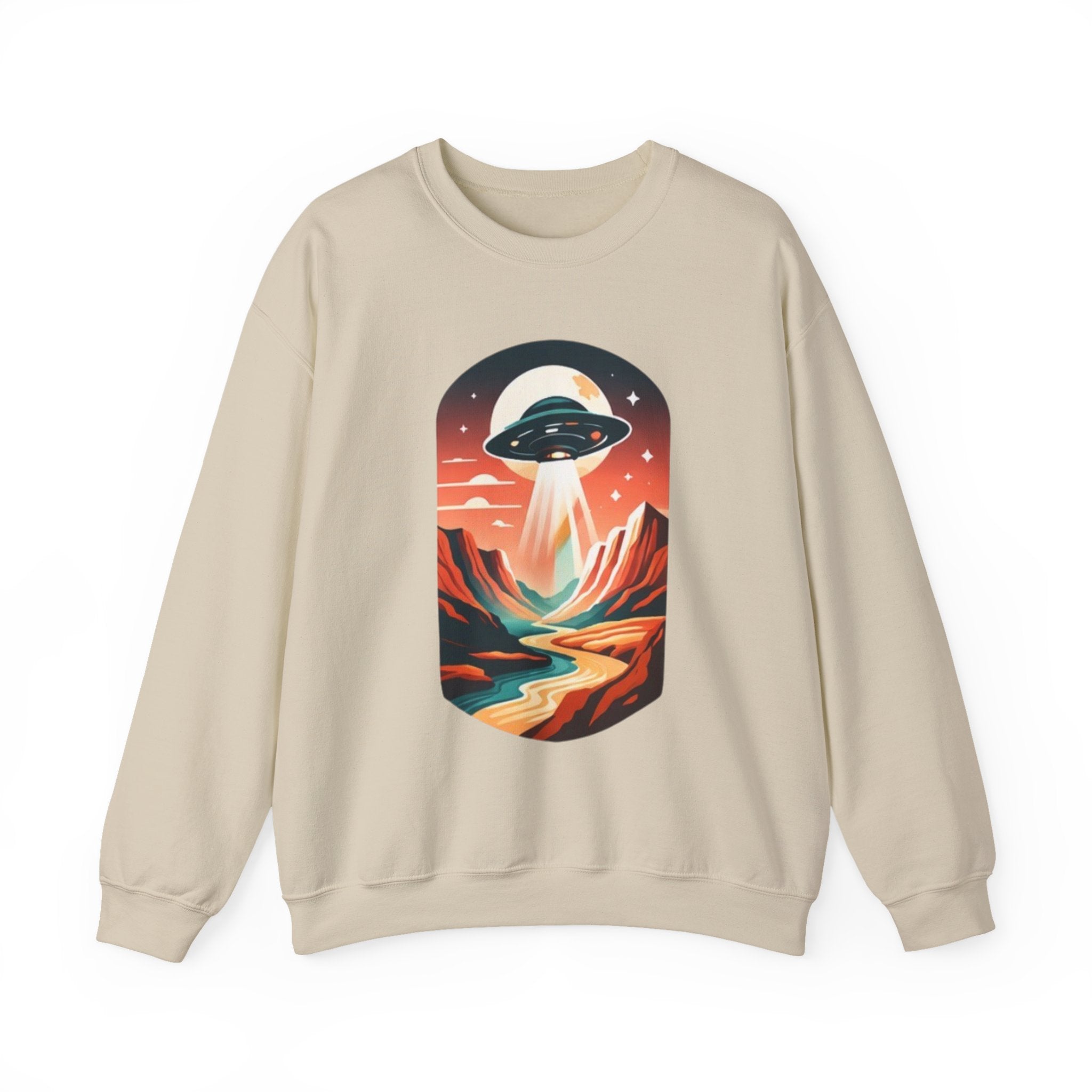 UFO Adventure Crewneck Sweatshirt | Retro Alien Abduction Mountain Graphic