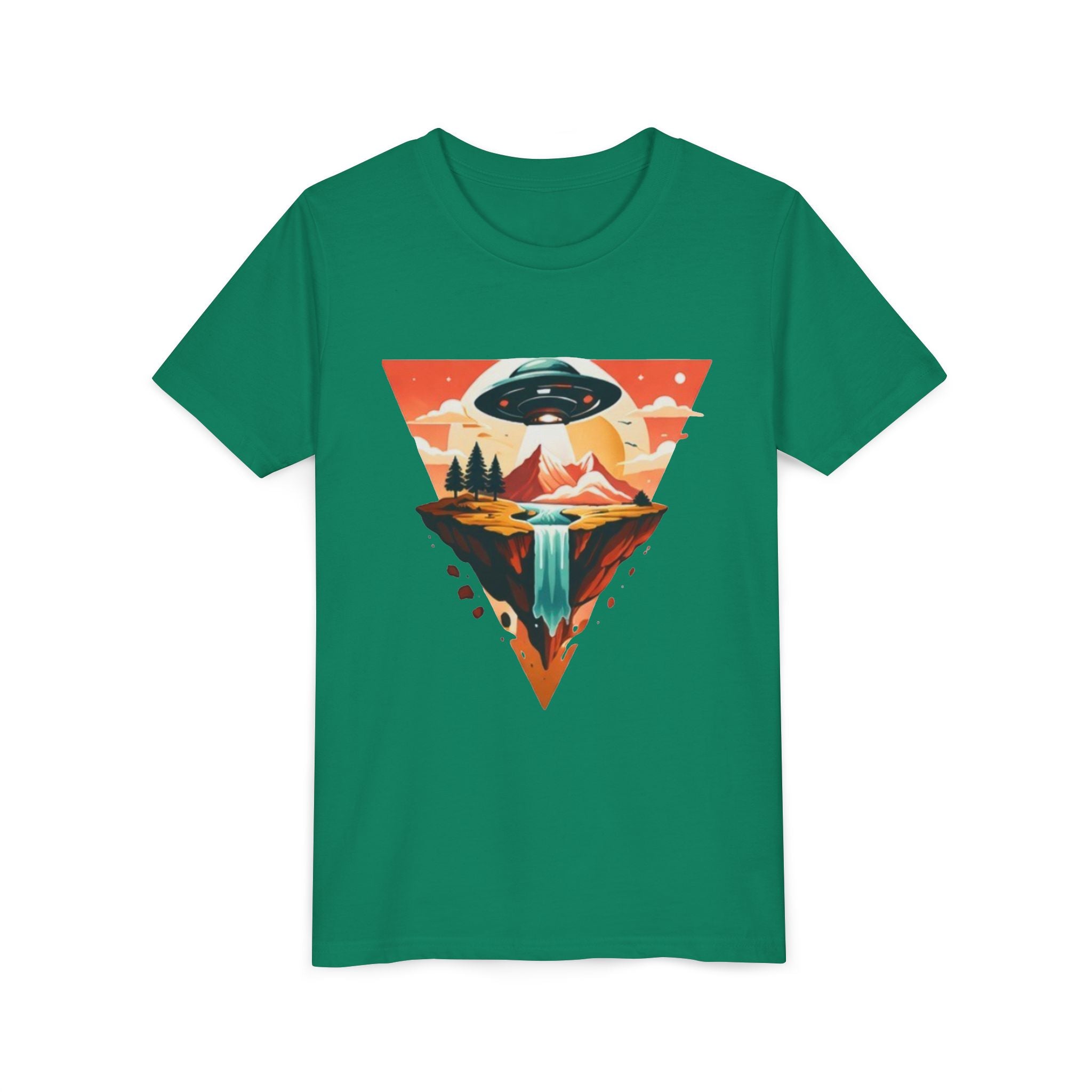 Youth Tee | UFO Mountain Landscape Graphic Tee | Alien Abduction Adventure