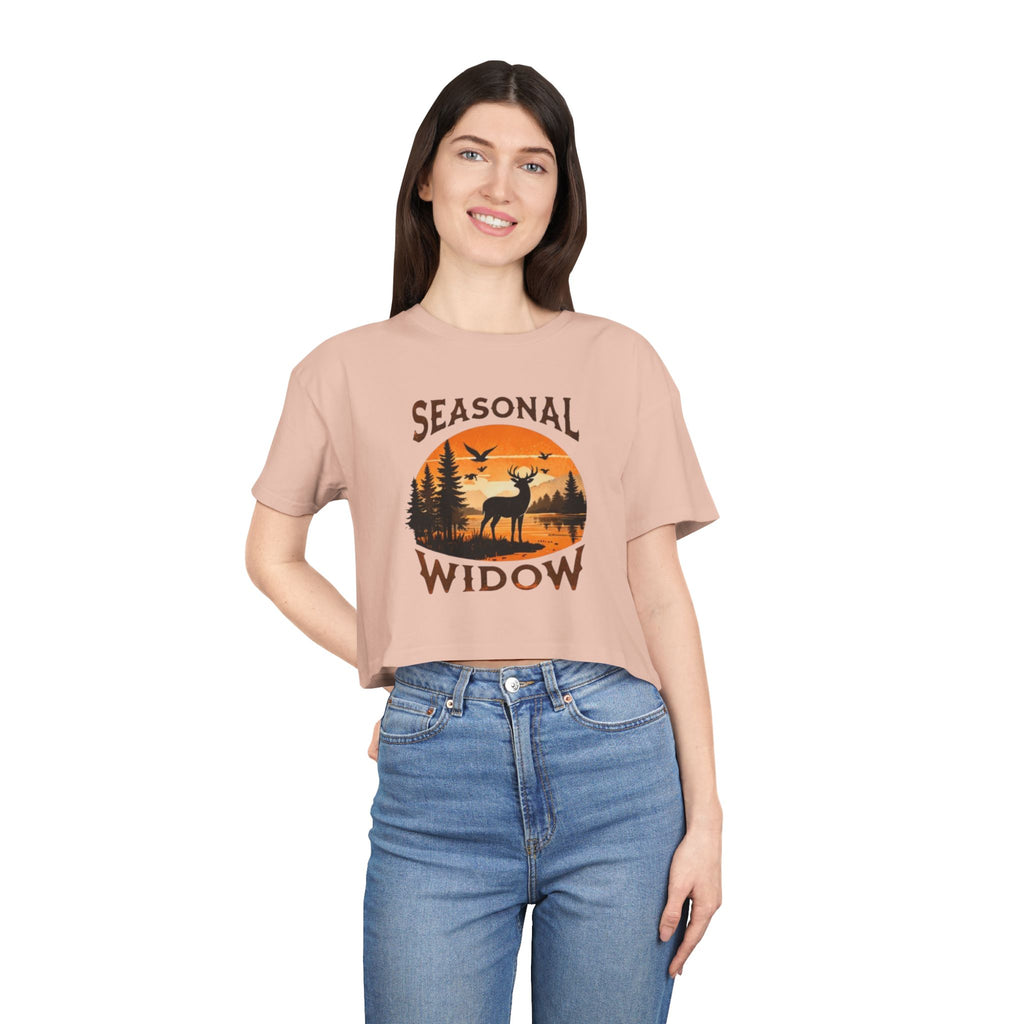 Seasonal Widow Crop Tee | Autumn Hunting Deer Sunset Graphic