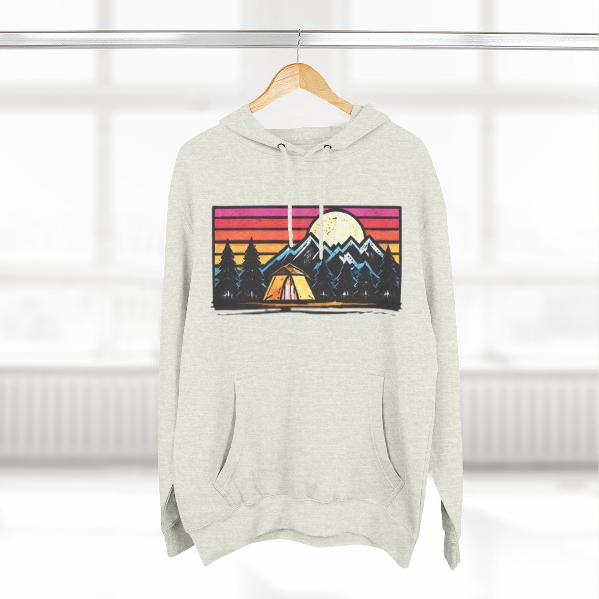Retro Mountain Camping Hoodie — Sunrise Tent Graphic Fleece Hoodie