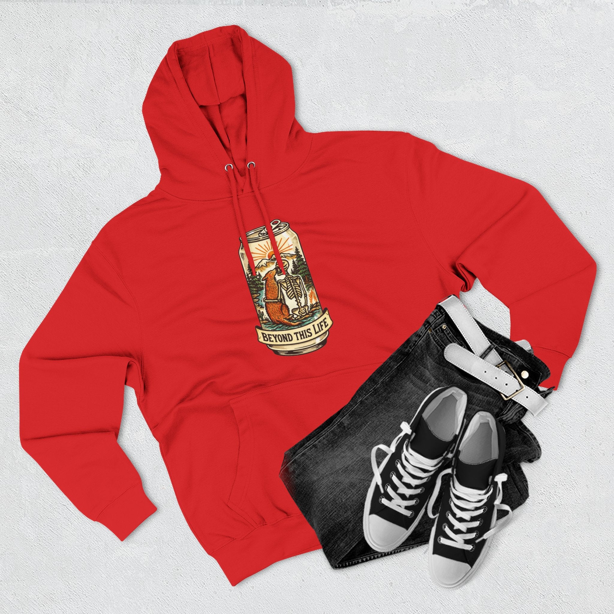 Vintage Skeleton and Dog Camper Hoodie | Beyond This Life Retro Travel Graphic