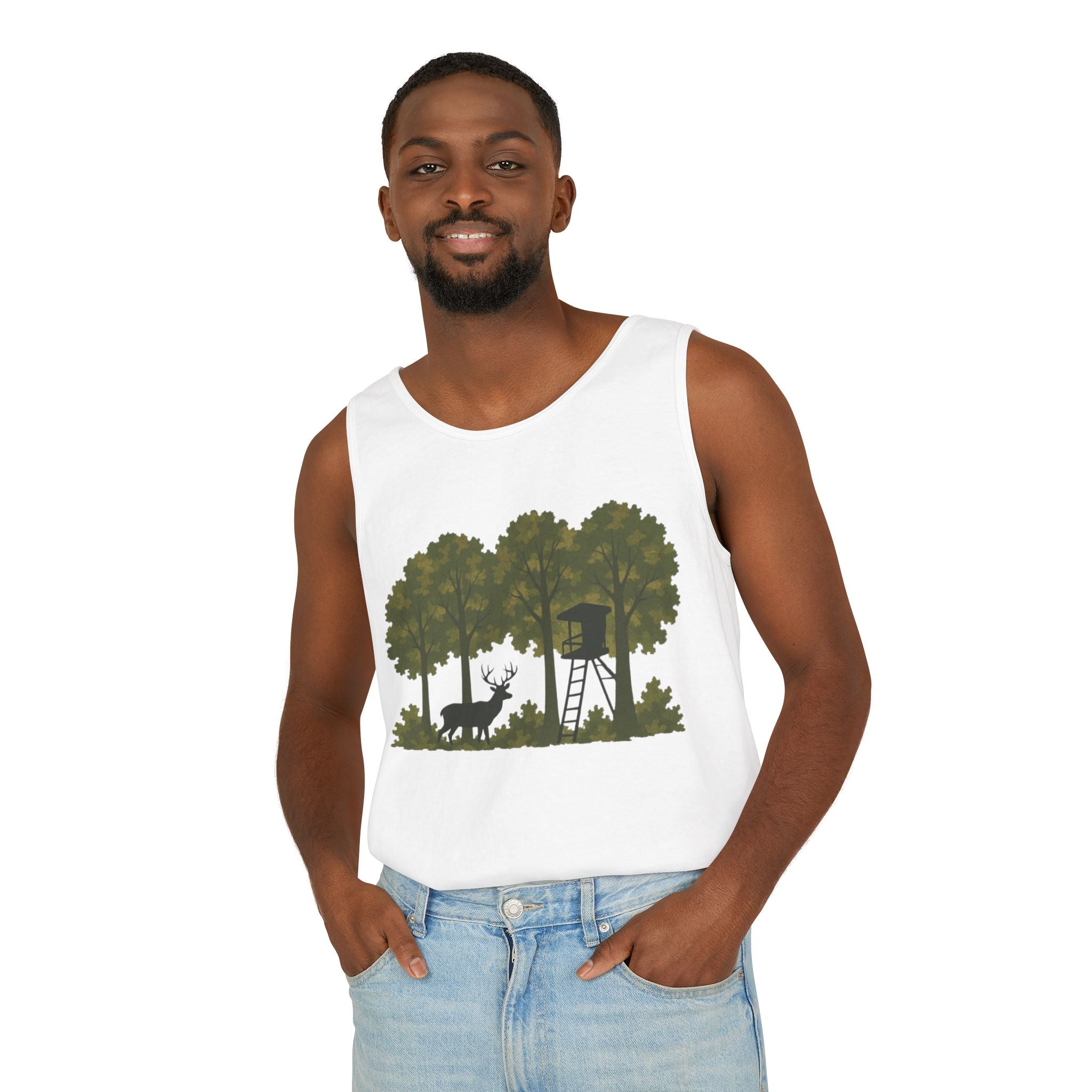 Deer Stand Woodland Tank Top | Hunting Cabin Forest Silhouette
