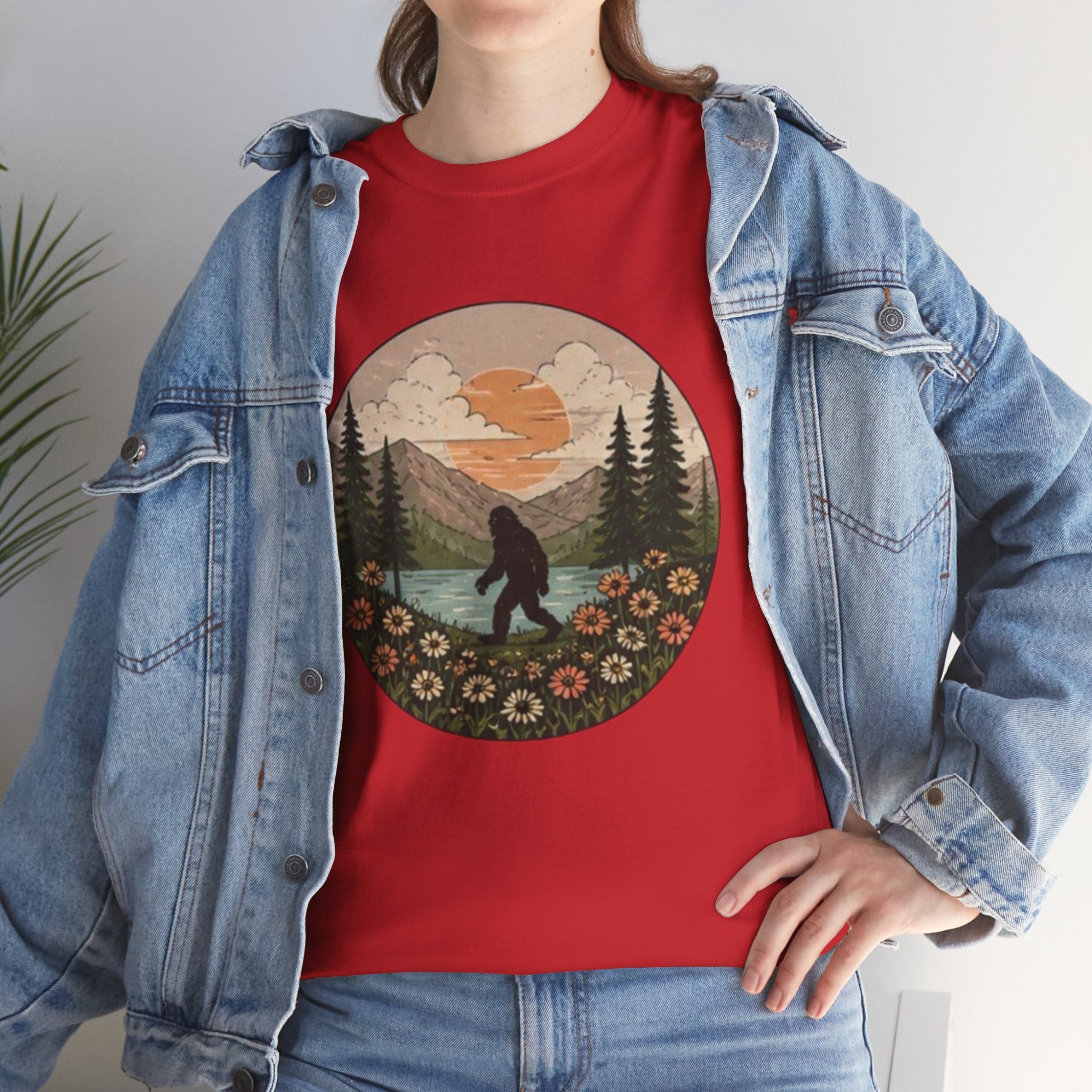 Bigfoot Meadow Retro Tee | Vintage Sasquatch with Flowers