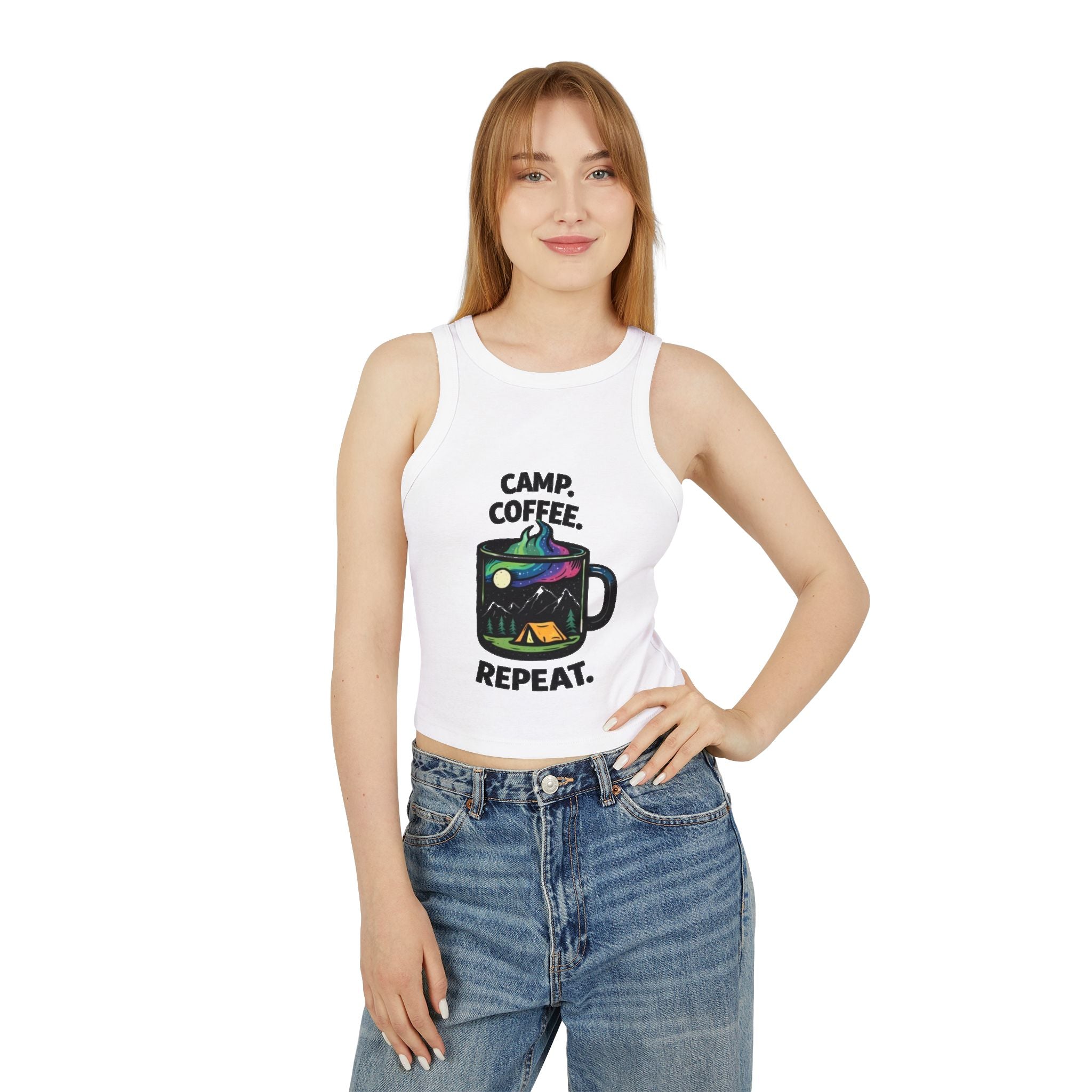 Camp Coffee Repeat Racer Tank | Womens Camping Coffee Graphic Tank Top