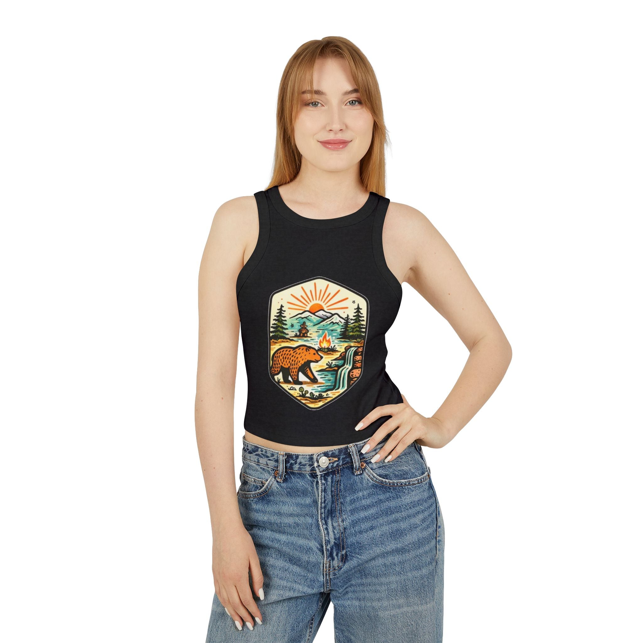 Womens Racer Tank Top | Retro Bear Mountain Camp Graphic