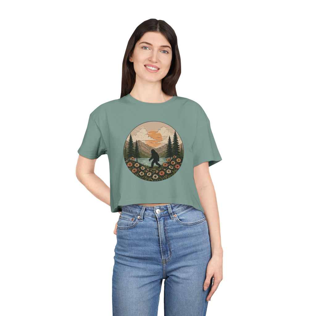 Bigfoot Sunset Crop Tee | Retro Mountain Floral Sasquatch Design