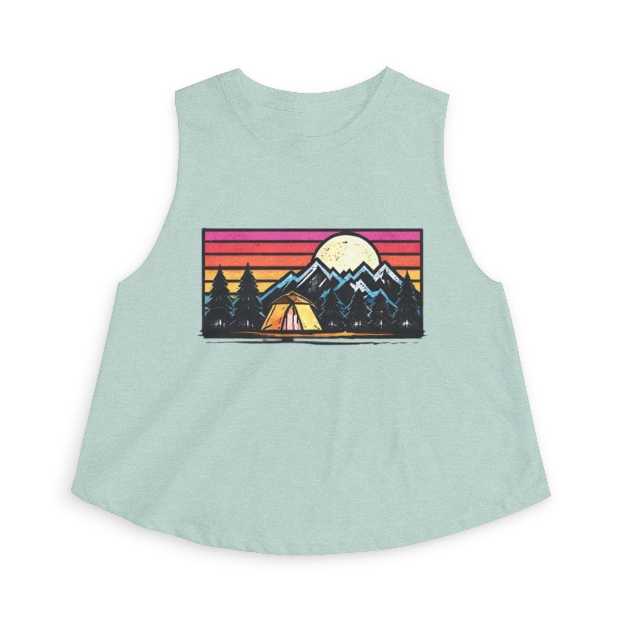 Camping Sunset Crop Top | Retro Mountain Tent Graphic