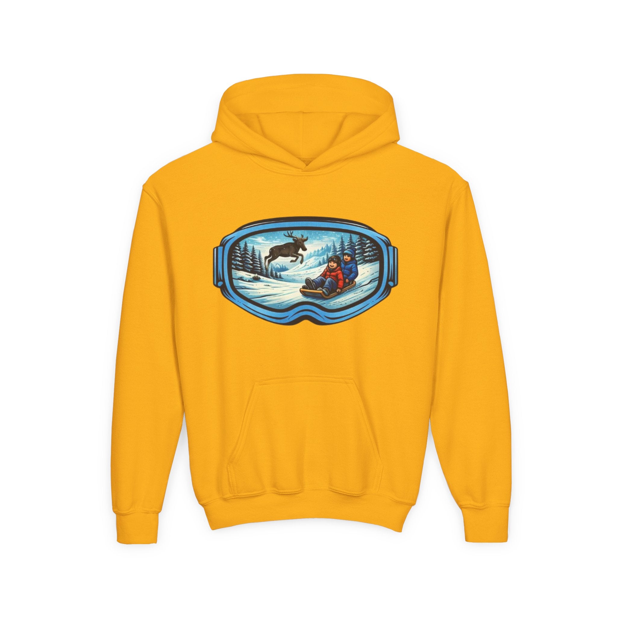 Youth Hoodie | Snow Goggles Winter Sledding Moose Graphic