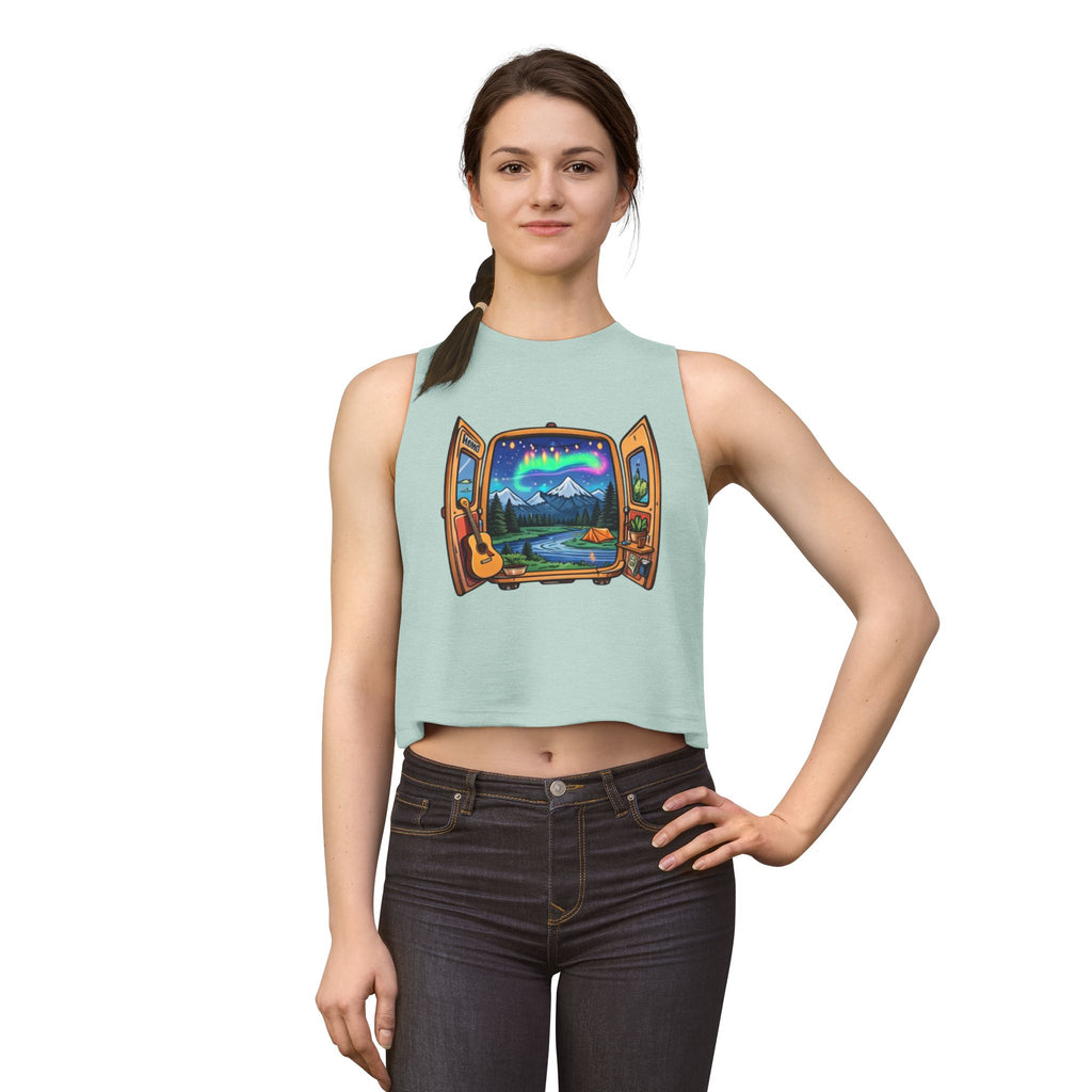 Adventure Window Crop Top | Mountain Camping, Aurora & Guitar Graphic