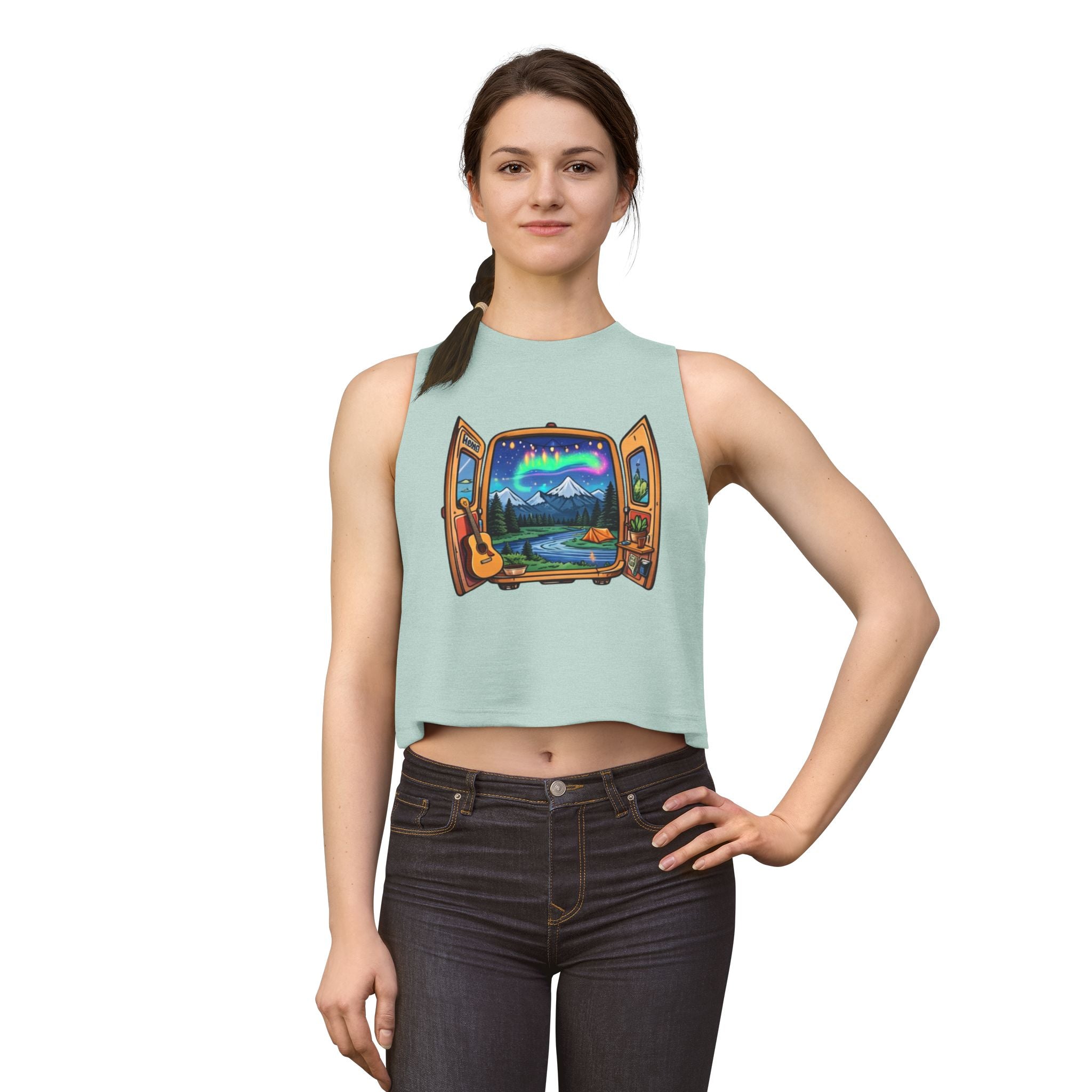 Adventure Window Crop Top | Mountain Camping, Aurora & Guitar Graphic
