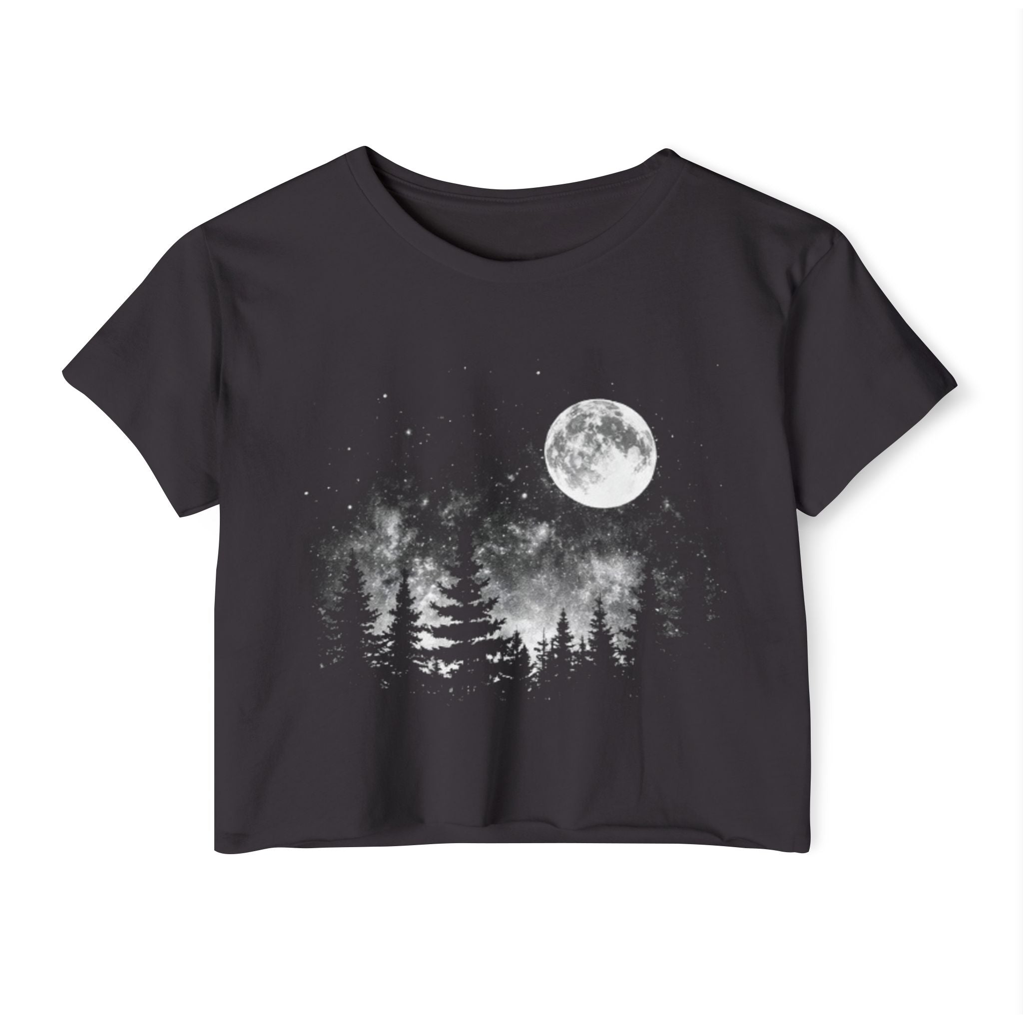 Moonlit Forest Crop Top | Women's Festival Moon & Pine Tree Graphic
