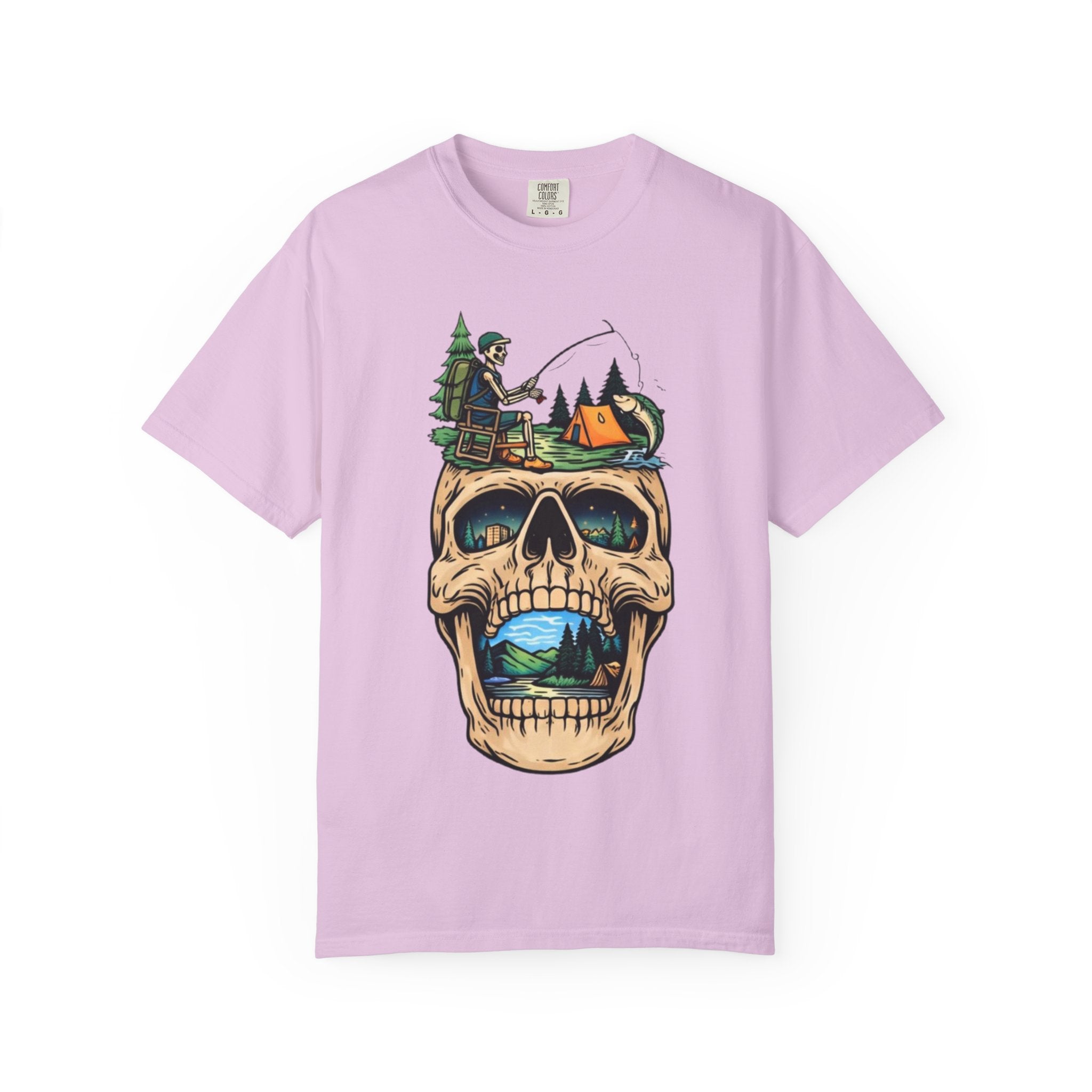 Skull Camping Scene T-shirt | Fishing, Tent, Forest Outdoor Graphic