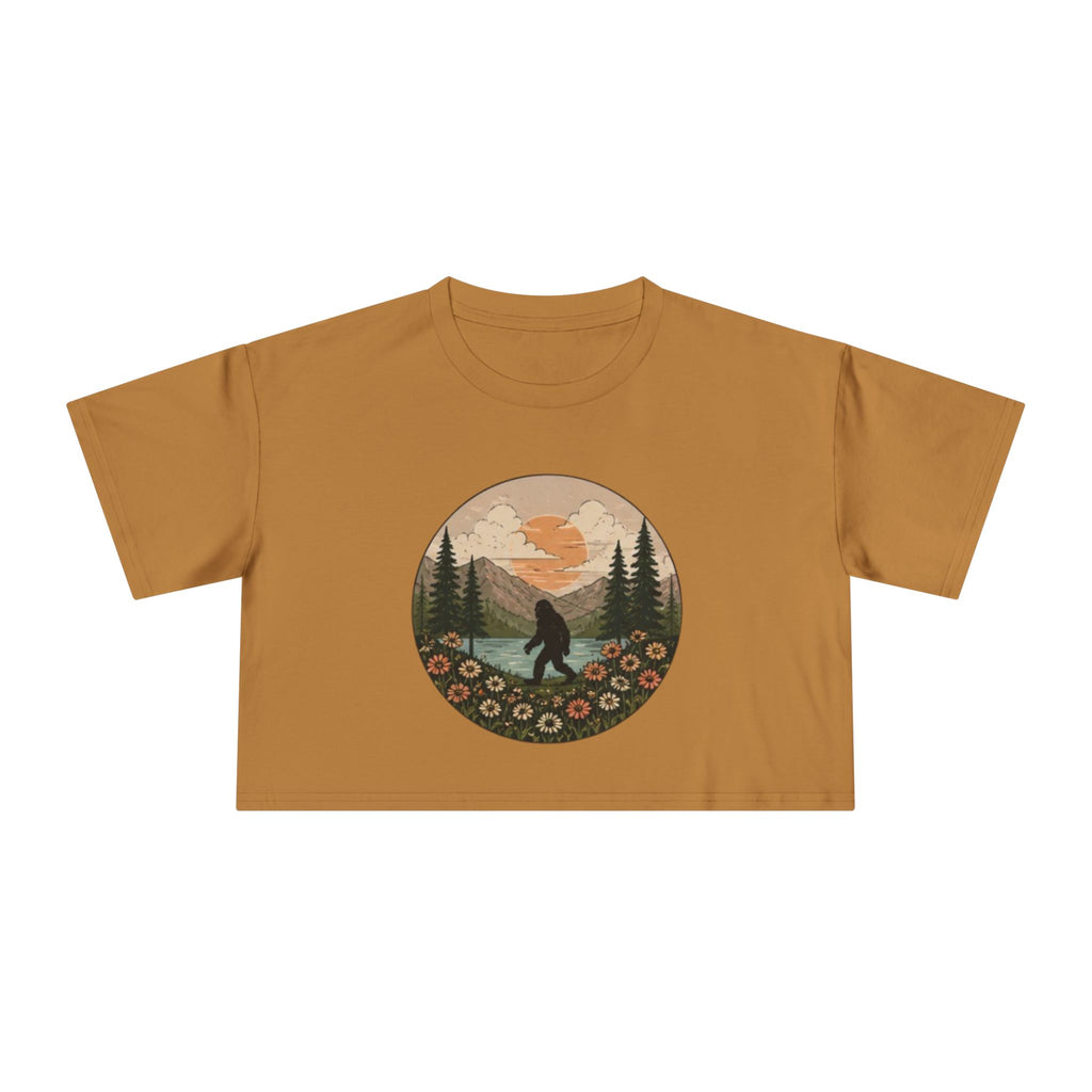Bigfoot Sunset Crop Tee | Retro Mountain Floral Sasquatch Design