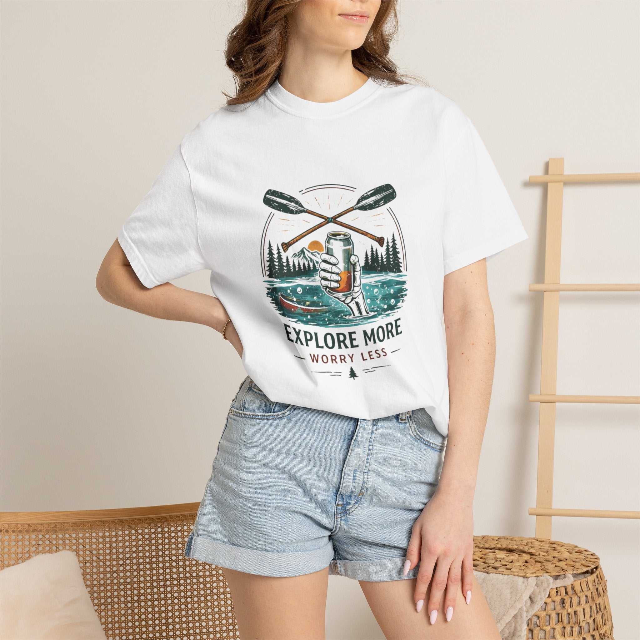Explore More Worry Less T-Shirt | Outdoor Canoe Camping Adventure Tee