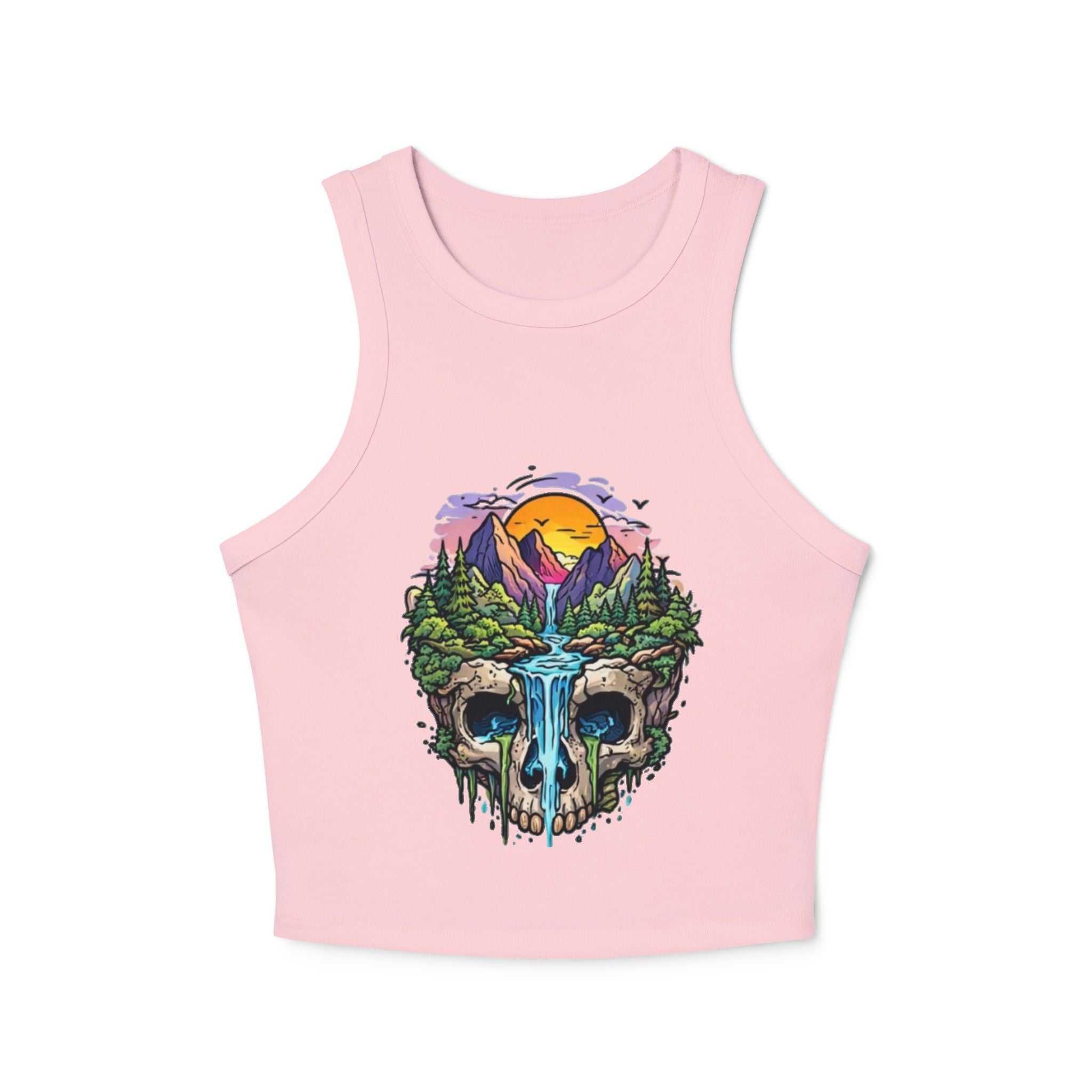 Womens Skull Landscape Racer Tank Top | Waterfall Skull Nature Graphic Crop