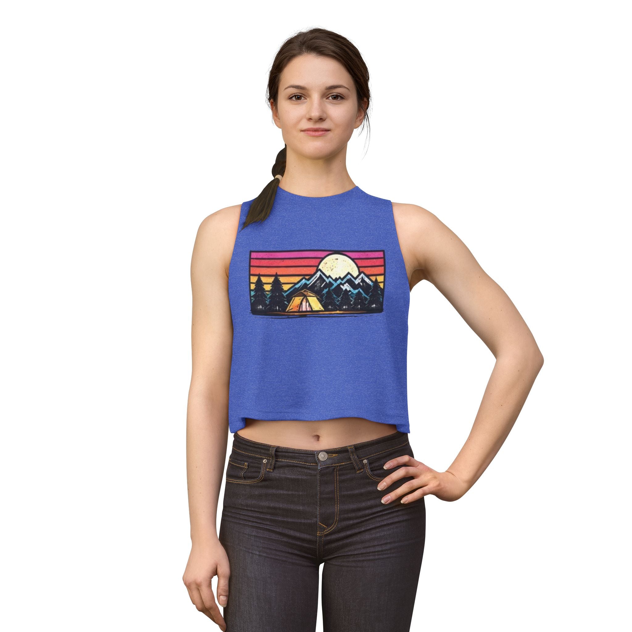 Camping Sunset Crop Top | Retro Mountain Tent Graphic