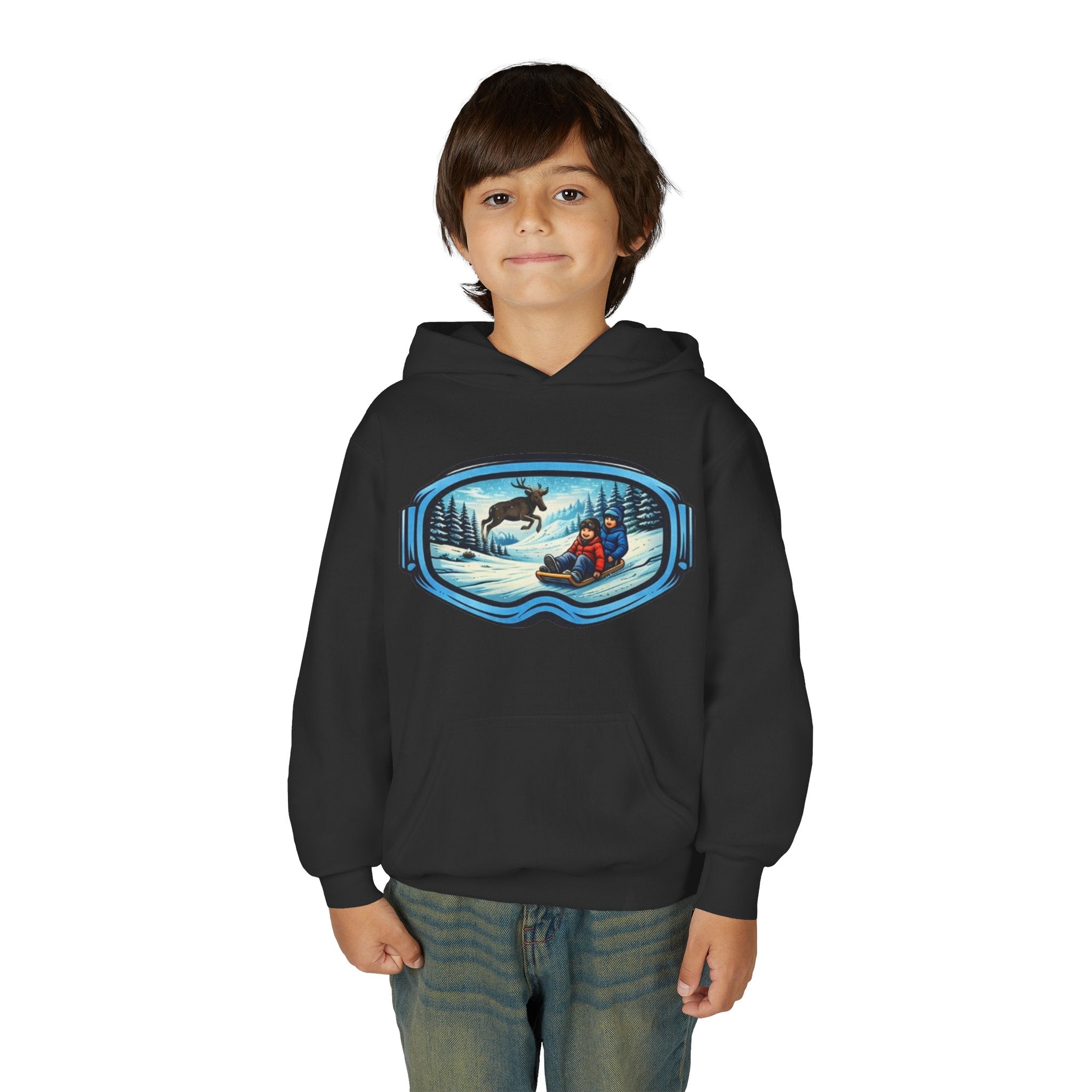 Youth Hoodie | Snow Goggles Winter Sledding Moose Graphic