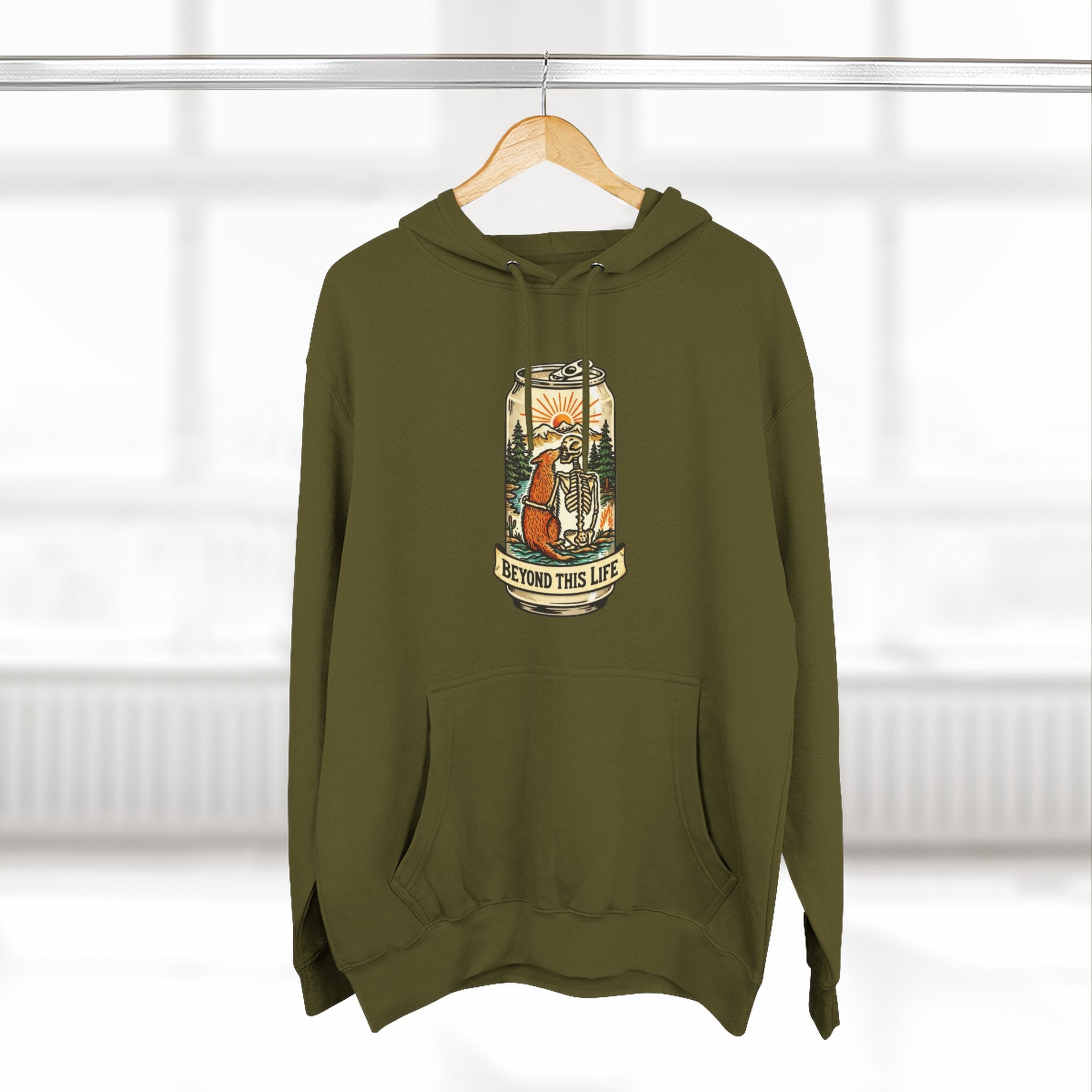 Vintage Skeleton and Dog Camper Hoodie | Beyond This Life Retro Travel Graphic