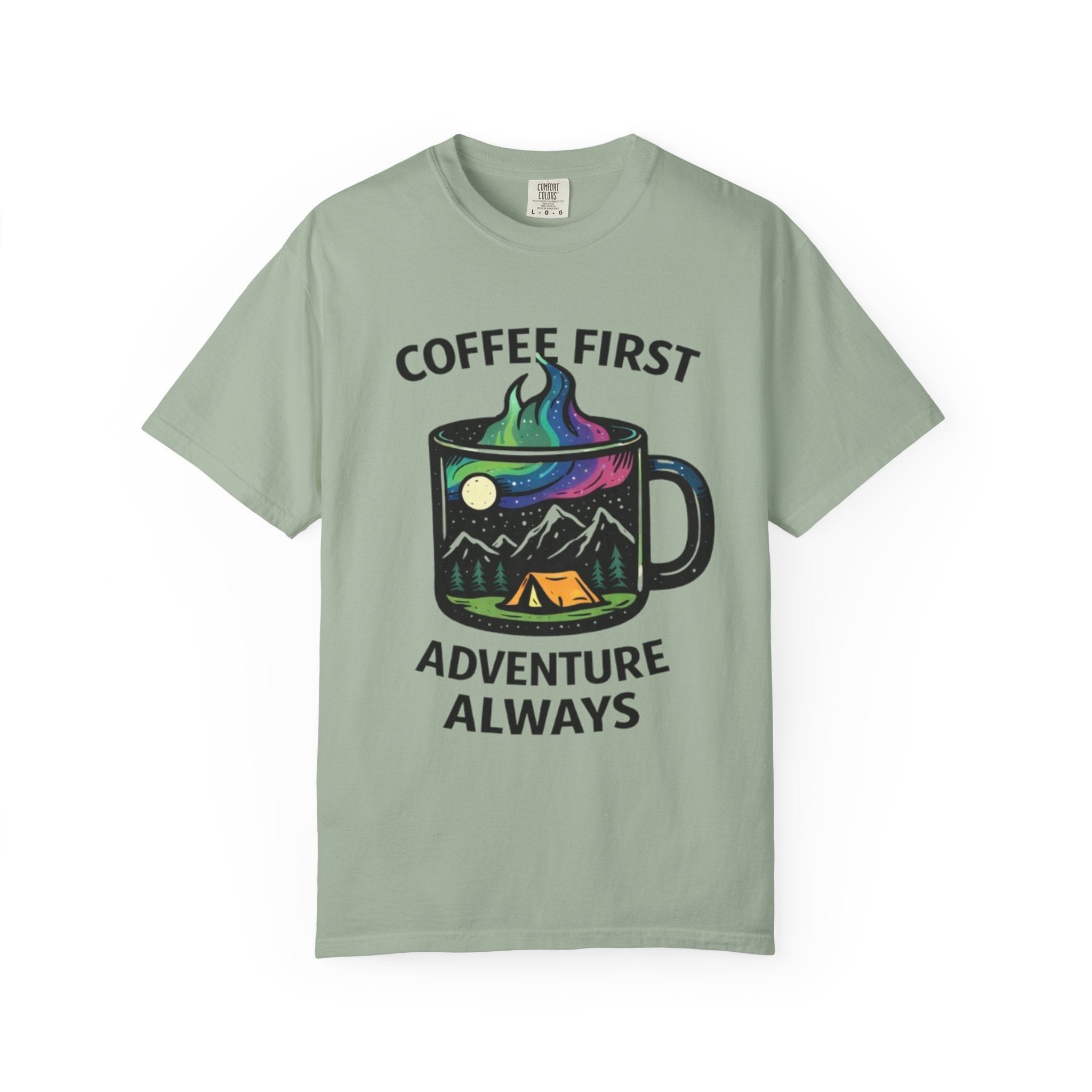 Coffee First Adventure Always T-Shirt | Camping Mug Mountain Design