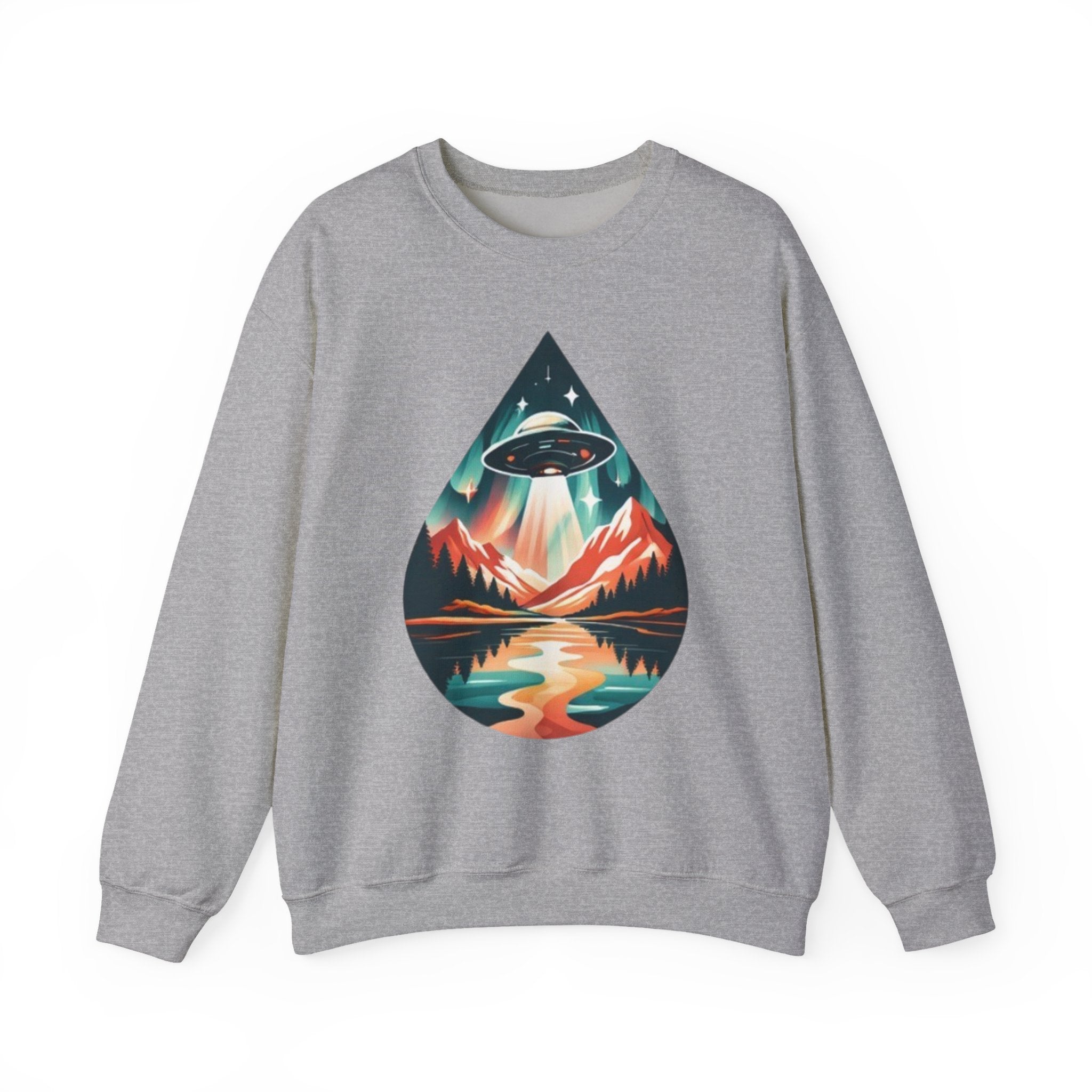 UFO Mountain Crewneck Sweatshirt | Retro Alien Landscape Graphic