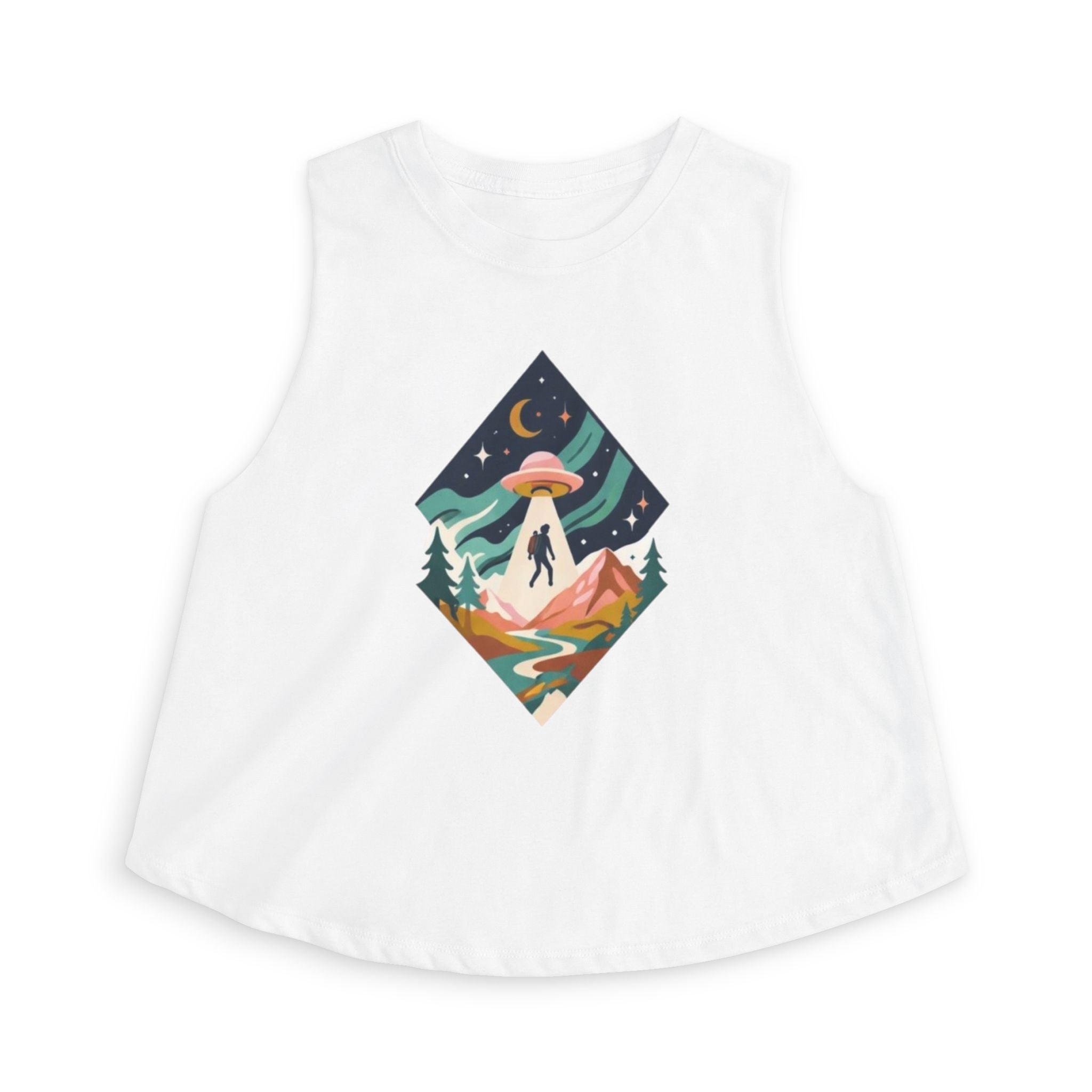 Alien Abduction Hiker Graphic Crop Top | Retro Mountain UFO Tank