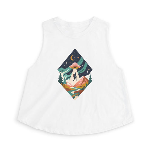 Alien Abduction Hiker Graphic Crop Top | Retro Mountain UFO Tank