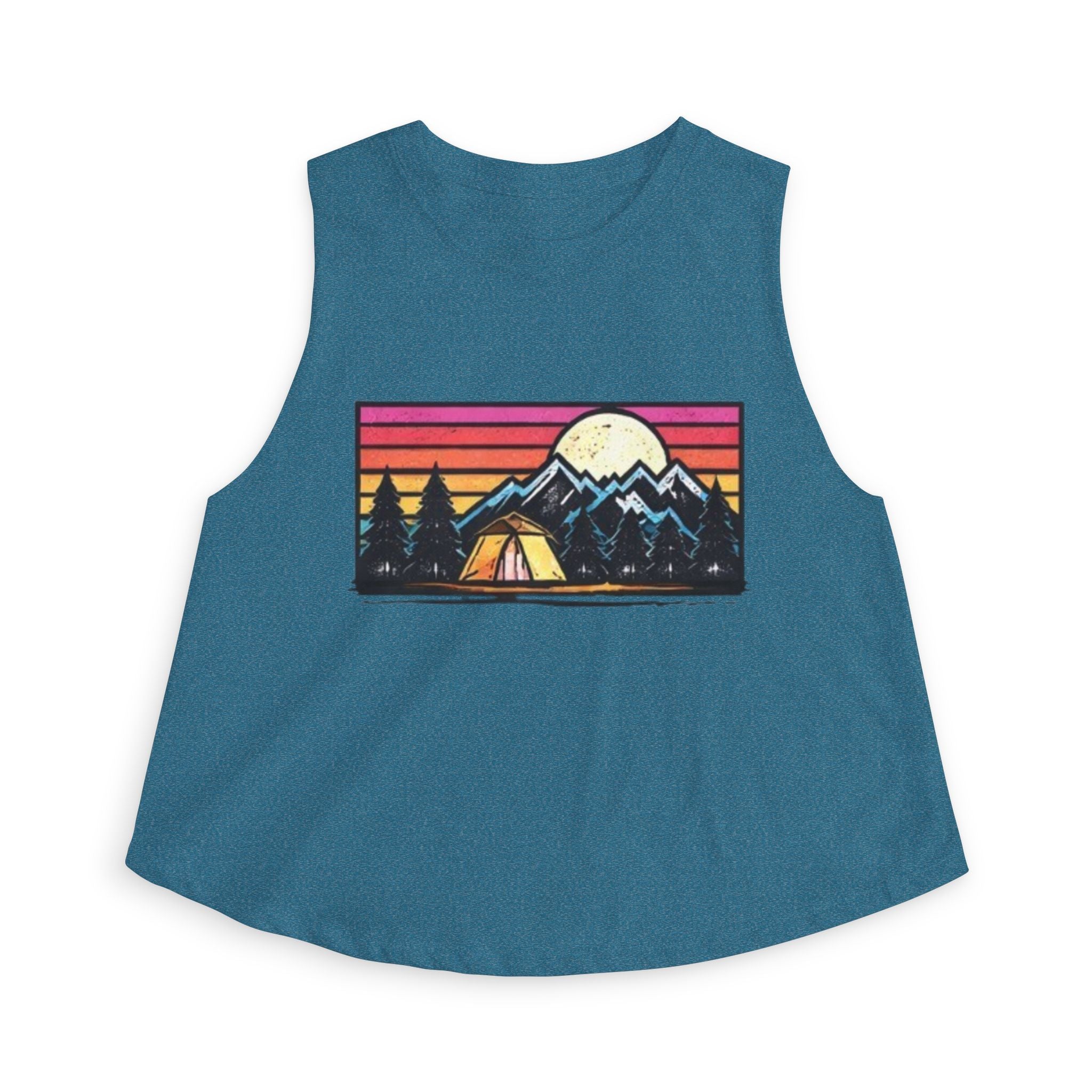 Camping Sunset Crop Top | Retro Mountain Tent Graphic