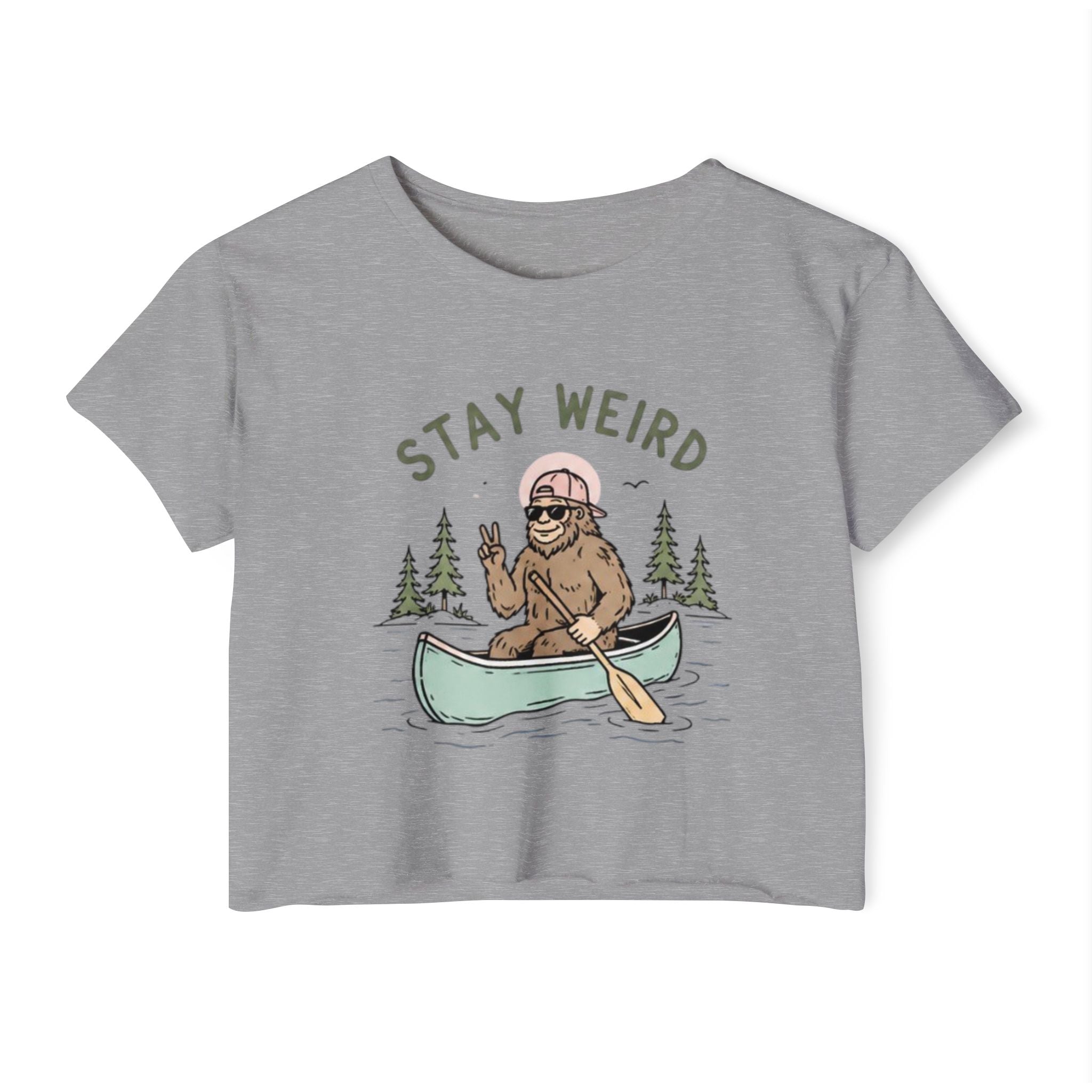 Stay Weird Crop Top | Cute Sasquatch Canoe Graphic Womens Festival Shirt