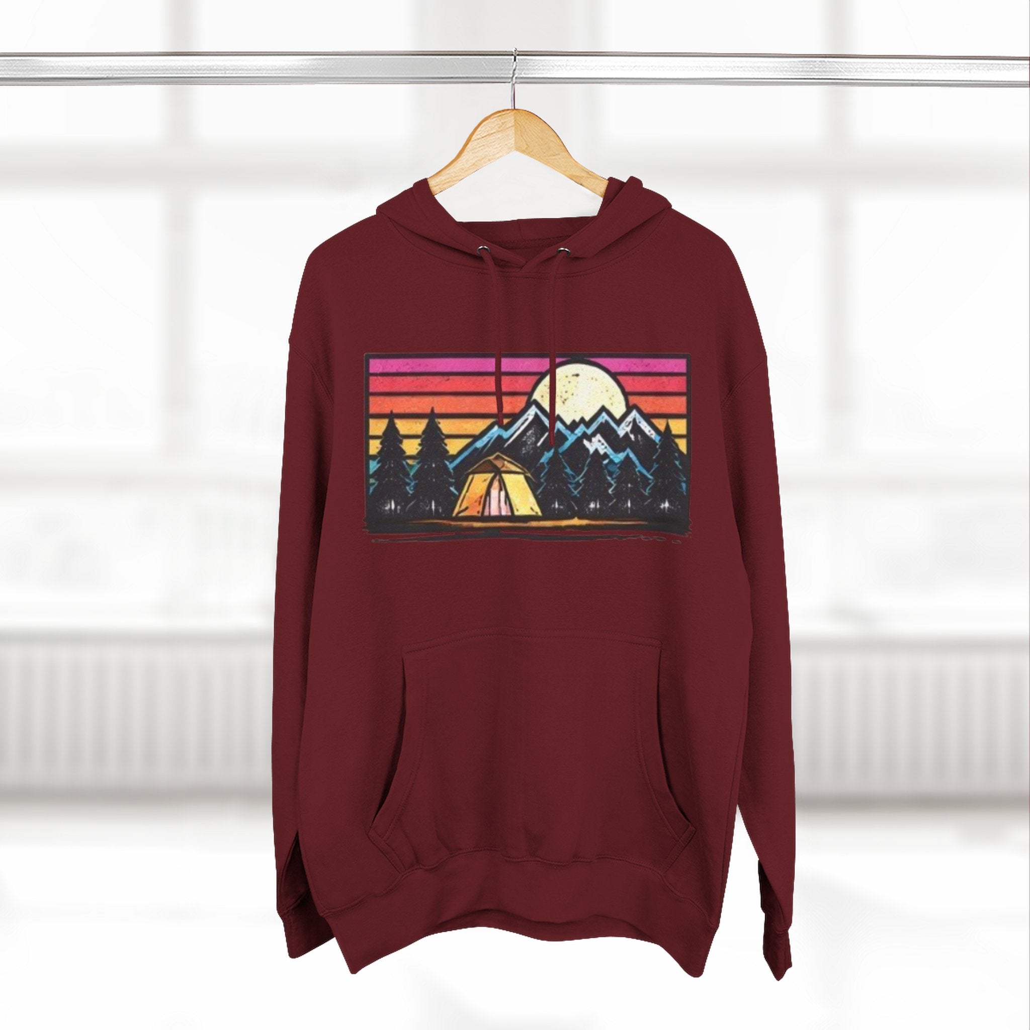 Retro Mountain Camping Hoodie — Sunrise Tent Graphic Fleece Hoodie