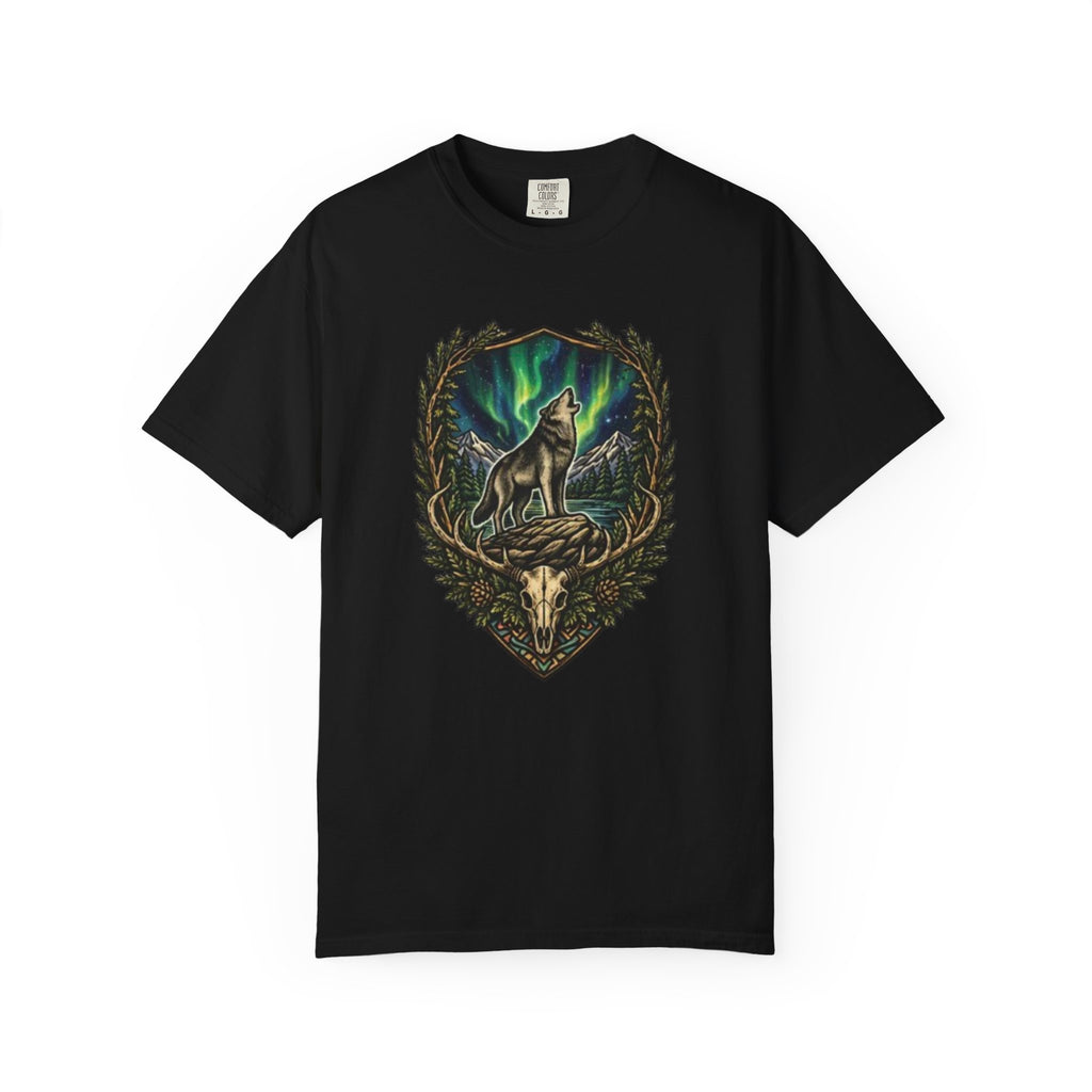 Deer Skull and Wolf Howling T-Shirt | Northern Lights Nature Graphic Tee