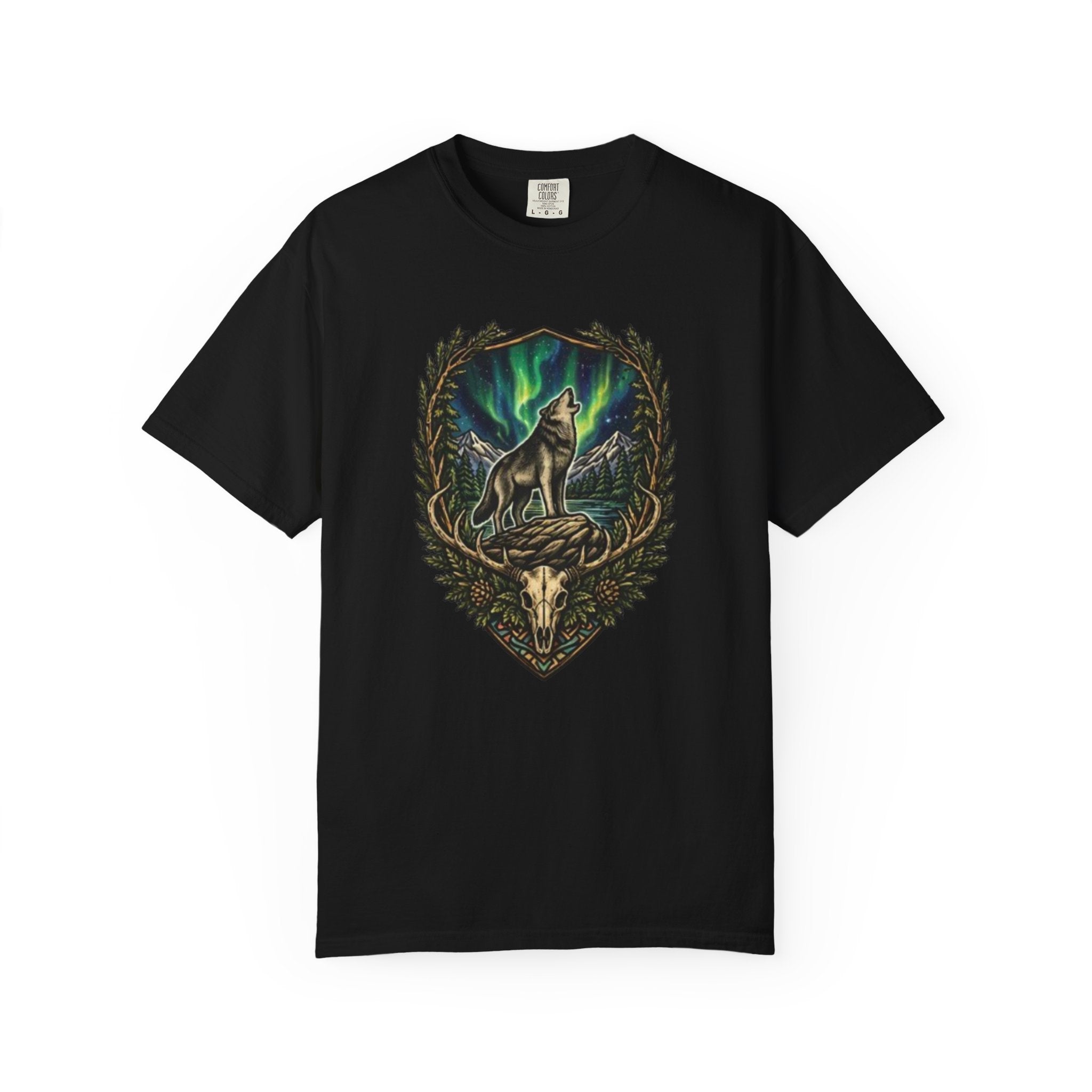 Deer Skull and Wolf Howling T-Shirt | Northern Lights Nature Graphic Tee