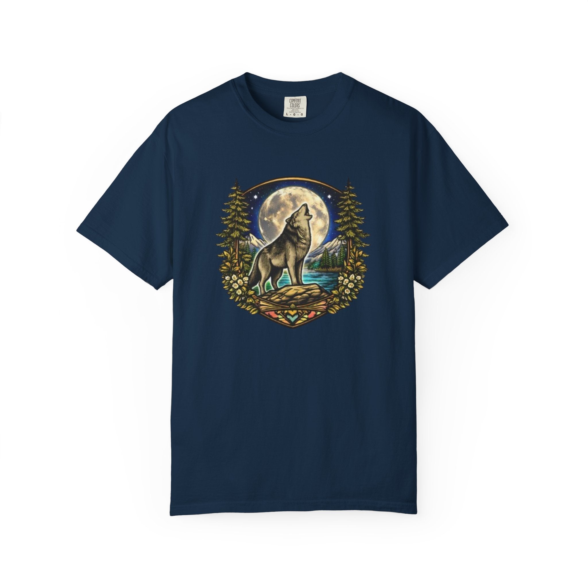 Wolf Howling at Full Moon T-Shirt | Forest Tree Border Graphic