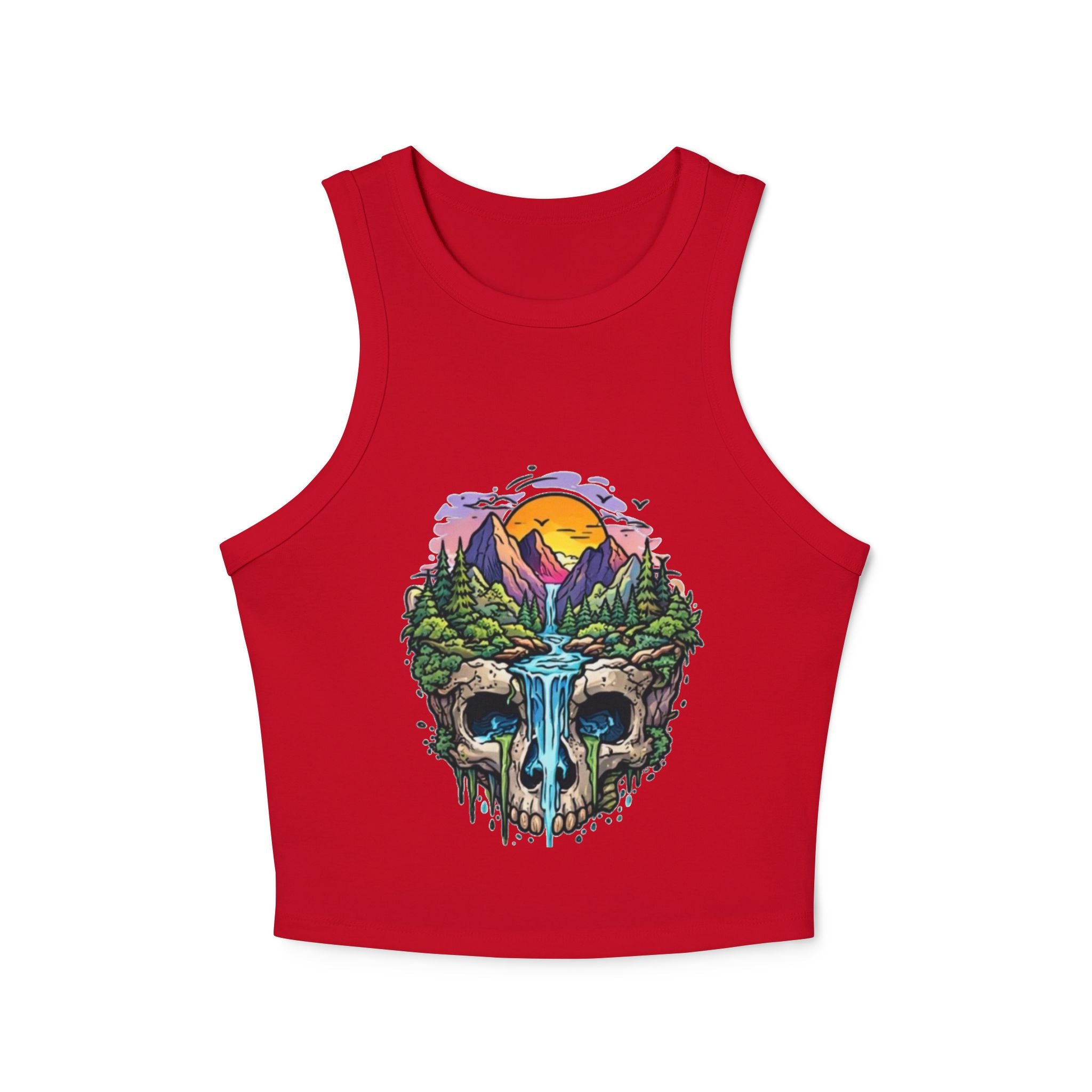 Womens Skull Landscape Racer Tank Top | Waterfall Skull Nature Graphic Crop