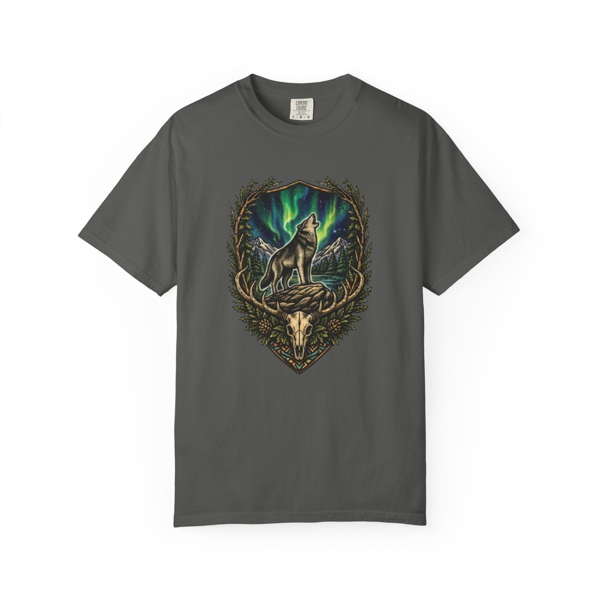 Deer Skull and Wolf Howling T-Shirt | Northern Lights Nature Graphic Tee