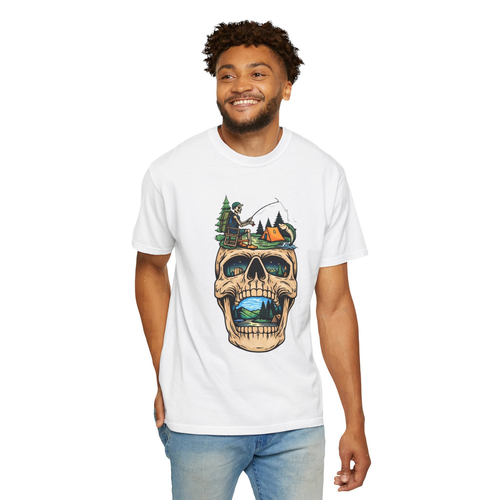 Skull Camping Scene T-shirt | Fishing Camper, Tent & Forest Graphic