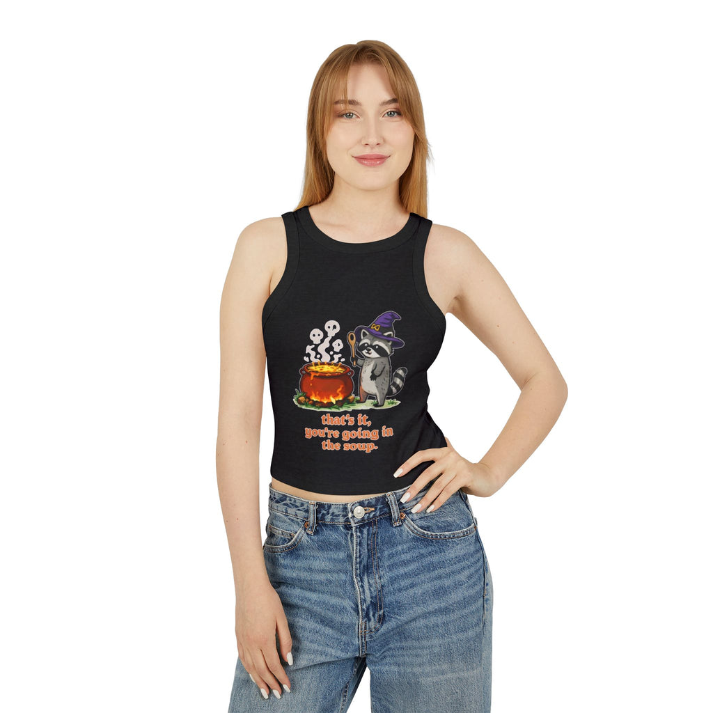 Witchy Raccoon Tank Top | "Thats it, youre going in the soup" Cute Halloween Crop