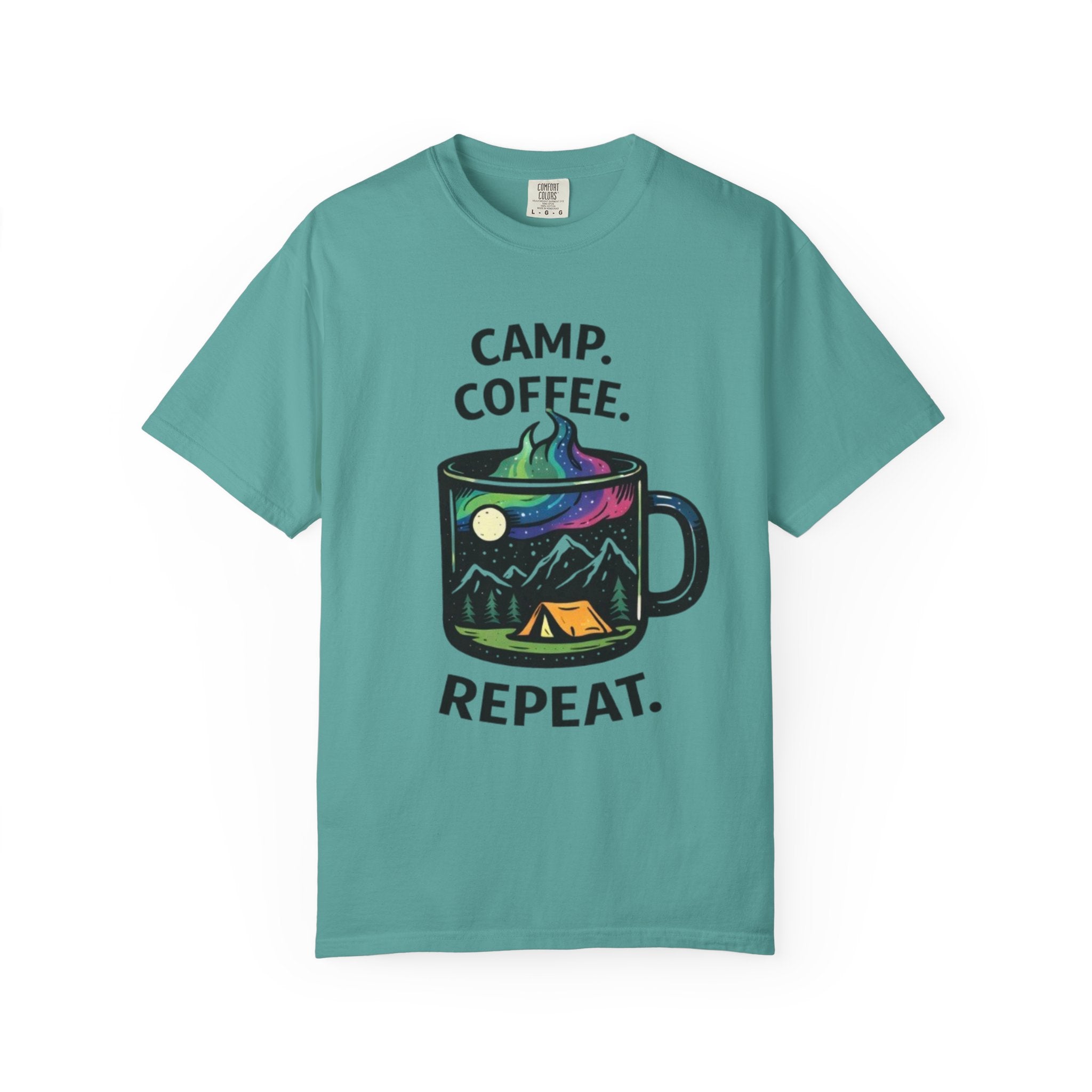 Camp Coffee Repeat T-Shirt | Camping Mug Graphic Tee