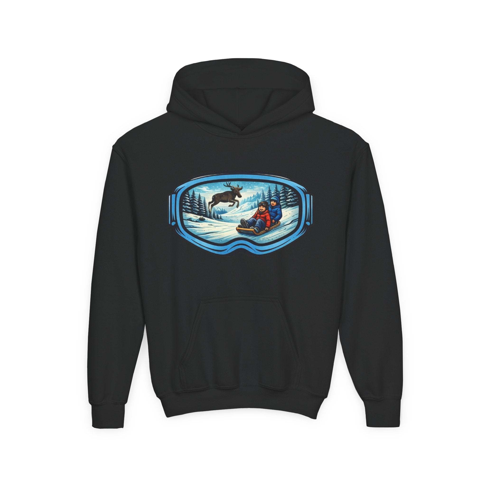 Youth Hoodie | Snow Goggles Winter Sledding Moose Graphic